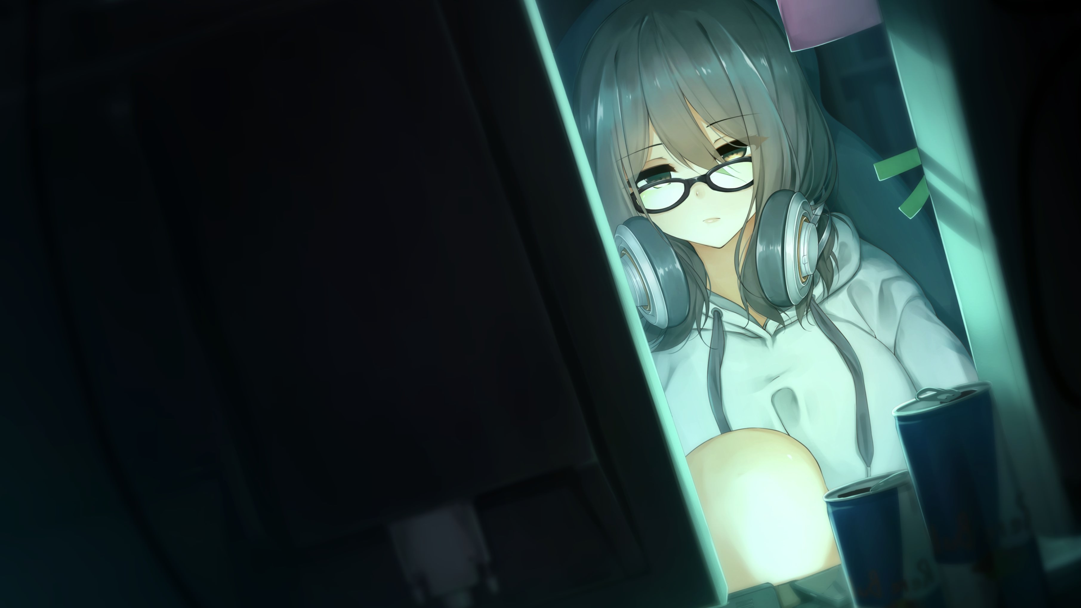 Anime 3623x2038 anime anime girls headphones glasses sweater energy drinks can food women with glasses monitor hair in face women indoors indoors long hair