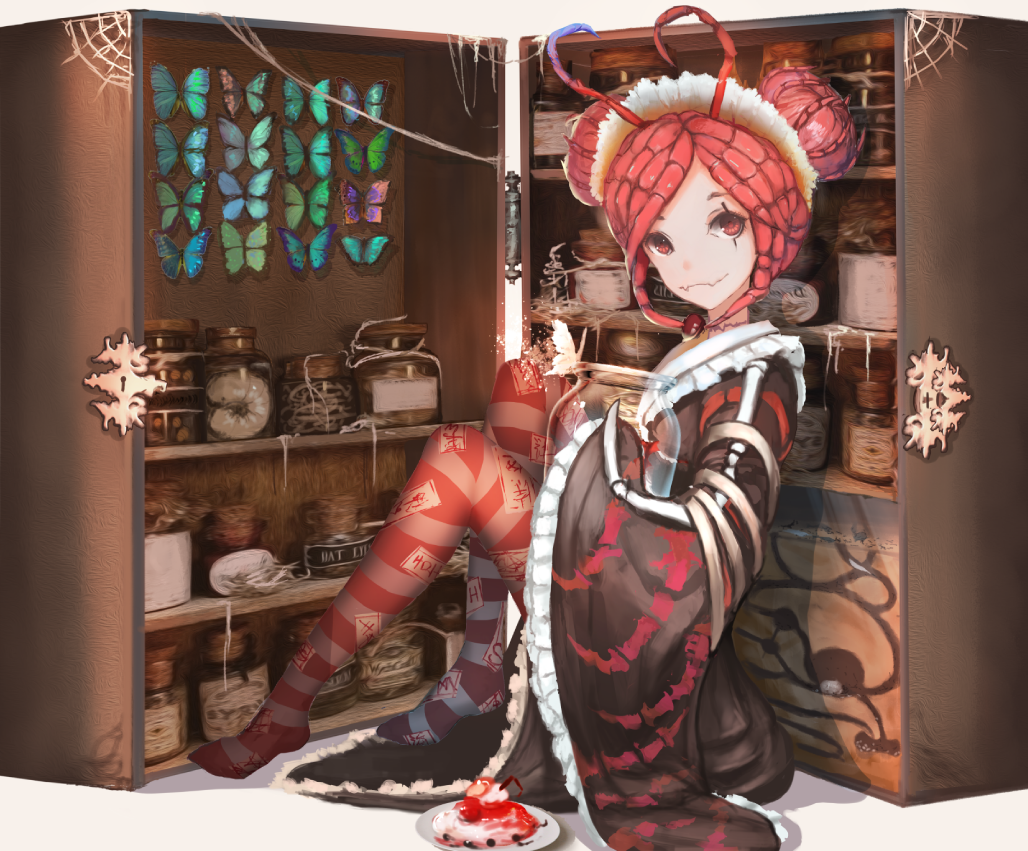 Anime 1028x851 Overlord (anime) anime girls Entoma Vasilissa Zeta loli monster girl insect butterfly hair in face striped stockings barefoot thighs small boobs kimono red eyes 2D medicine pantyhose long hair redhead looking at viewer odango fan art anime hairbun
