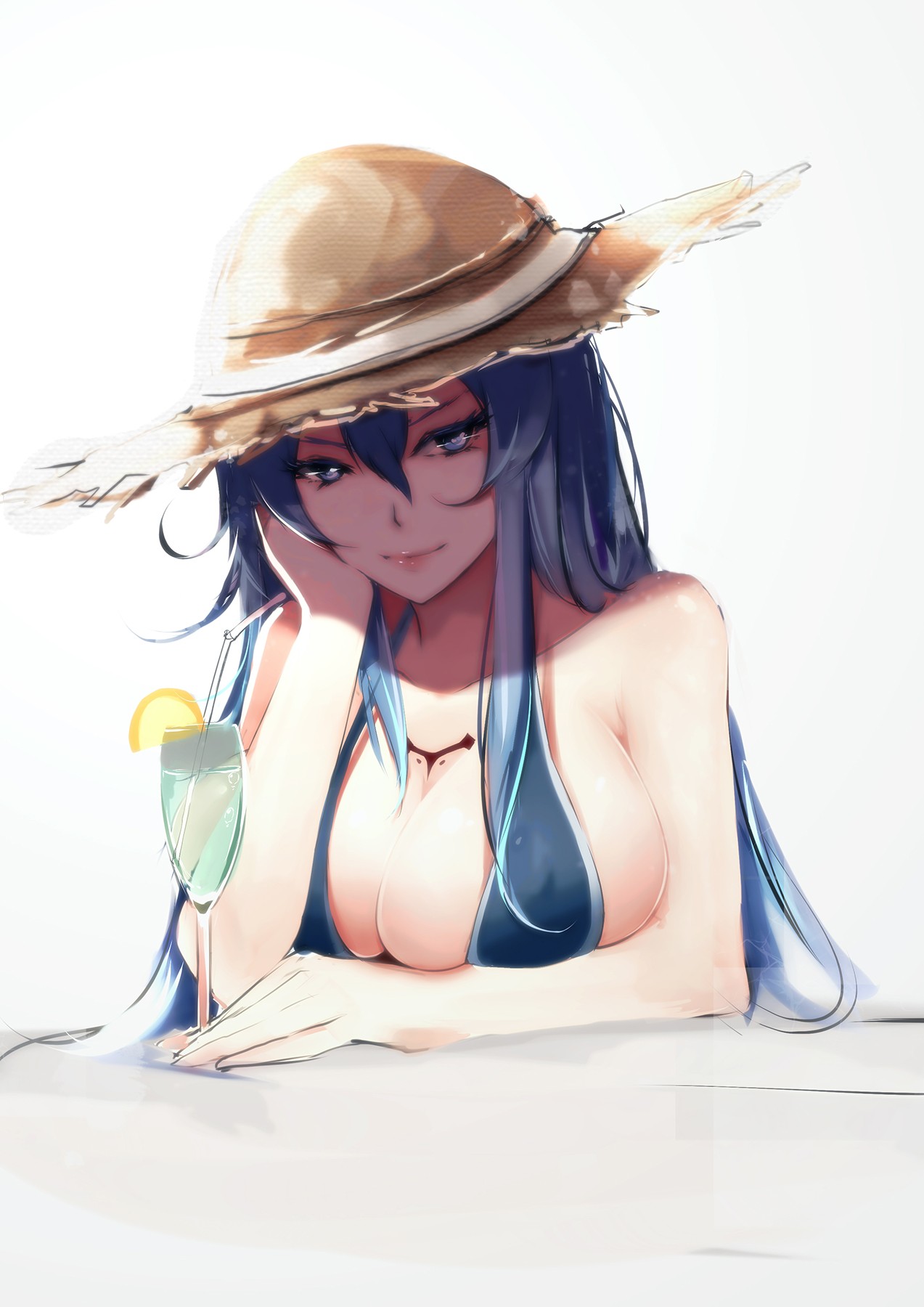 Anime 1273x1800 Akame ga Kill! anime girls Esdeath (Akame Ga Kill!) big boobs drinking glass huge breasts blue hair fan art straw hat BBA1985 cleavage boobs curvy hat women with hats white background simple background