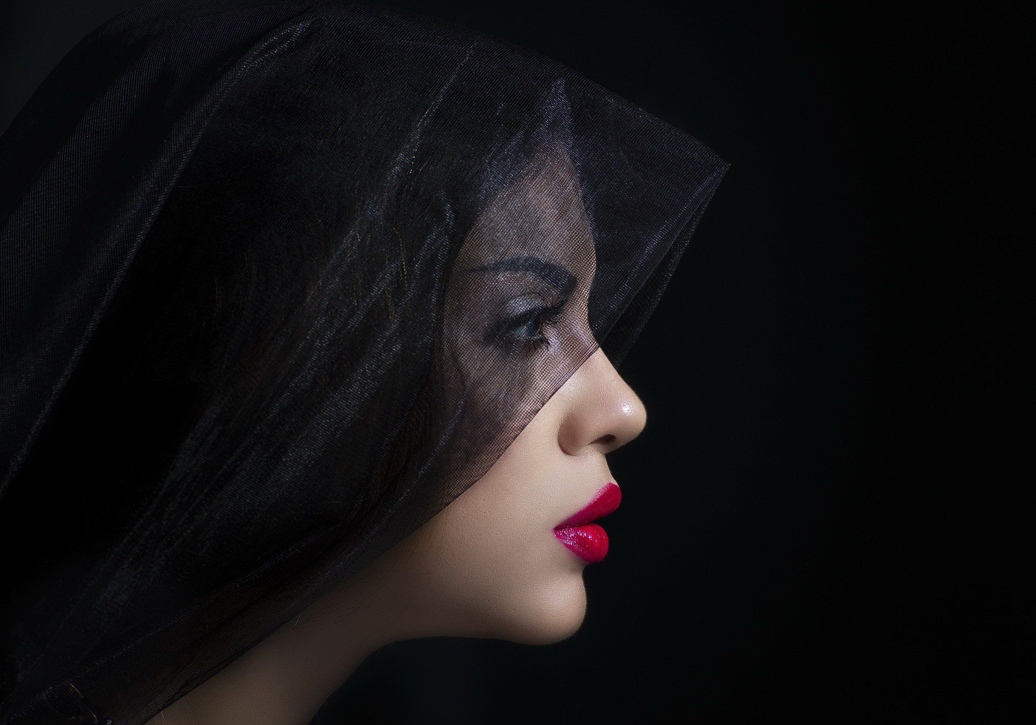 People 2048x1434 face women model red lipstick black background dark portrait profile