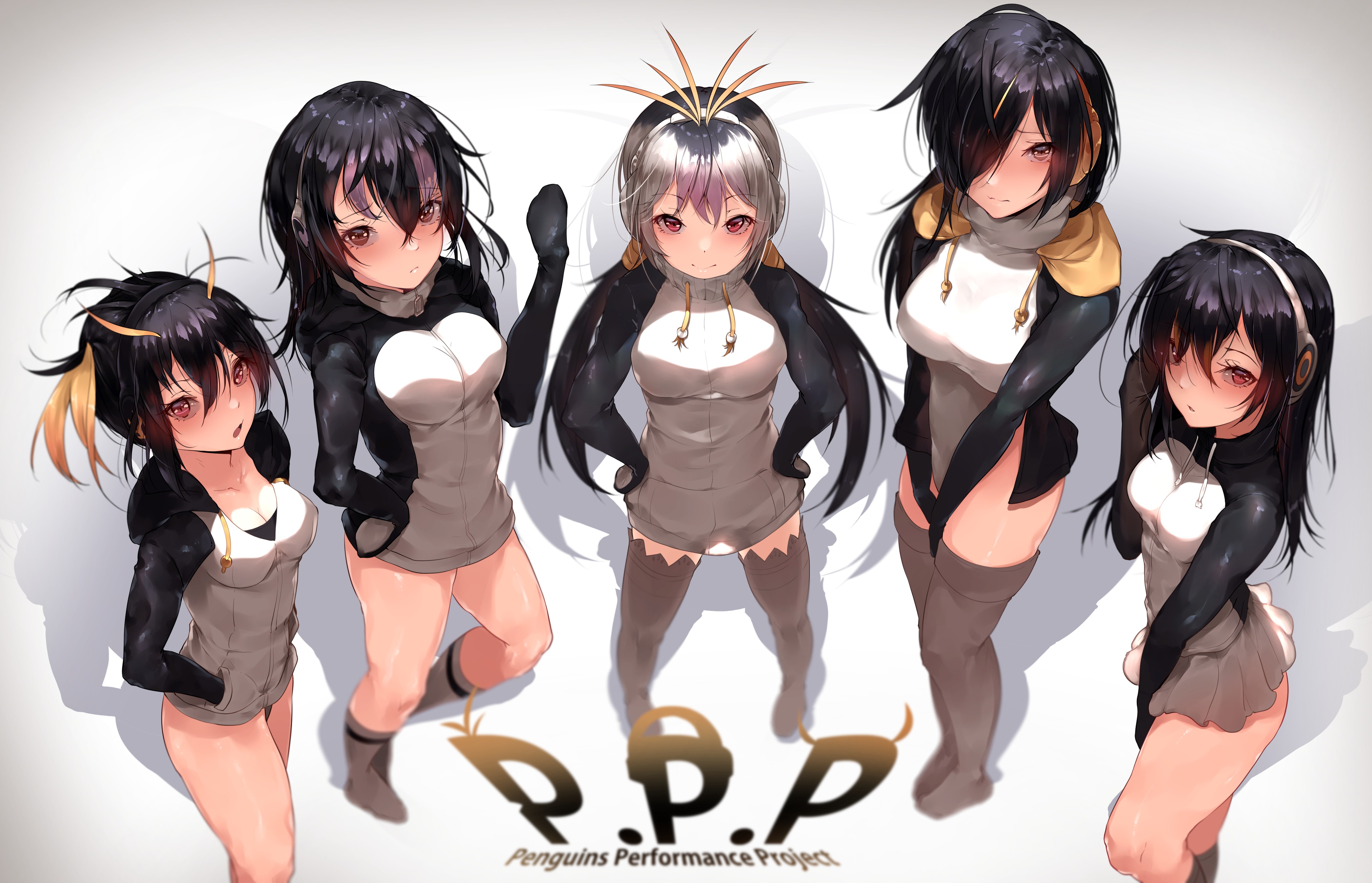 Anime 4716x3035 black hair boots cleavage white hair anime girls headphones hoods Emperor Penguin (Kemono Friends) knee-highs red eyes skirt thigh-highs white background Kemono Friends high angle line-up looking up group of women