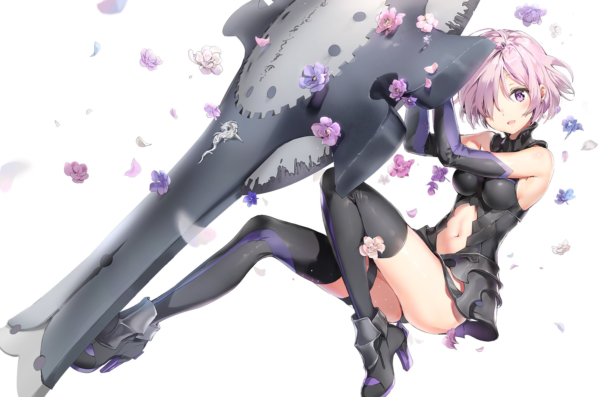 Anime 2006x1317 elbow gloves Fate/Grand Order Fate series gloves belly button petals purple eyes purple hair short hair thigh-highs white background Mash Kyrielight anime girls Anmi shield