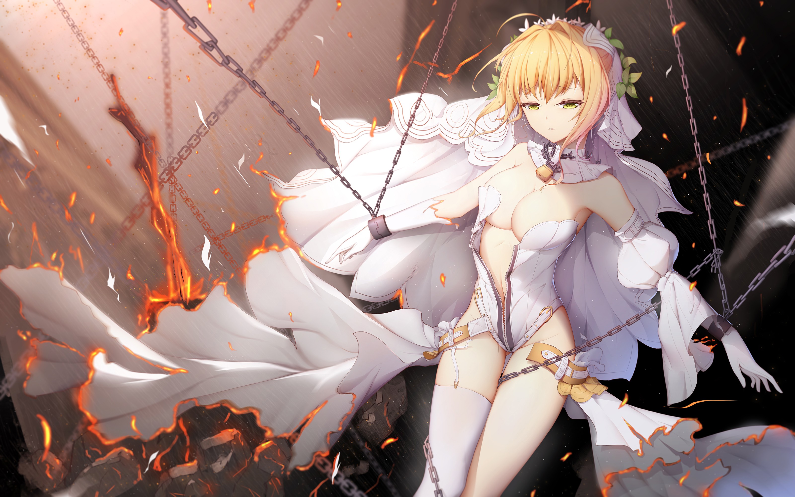 Anime 3200x2000 Fate/Grand Order Saber Bride blonde white dress chains collar Nero Claudius Fate series anime girls