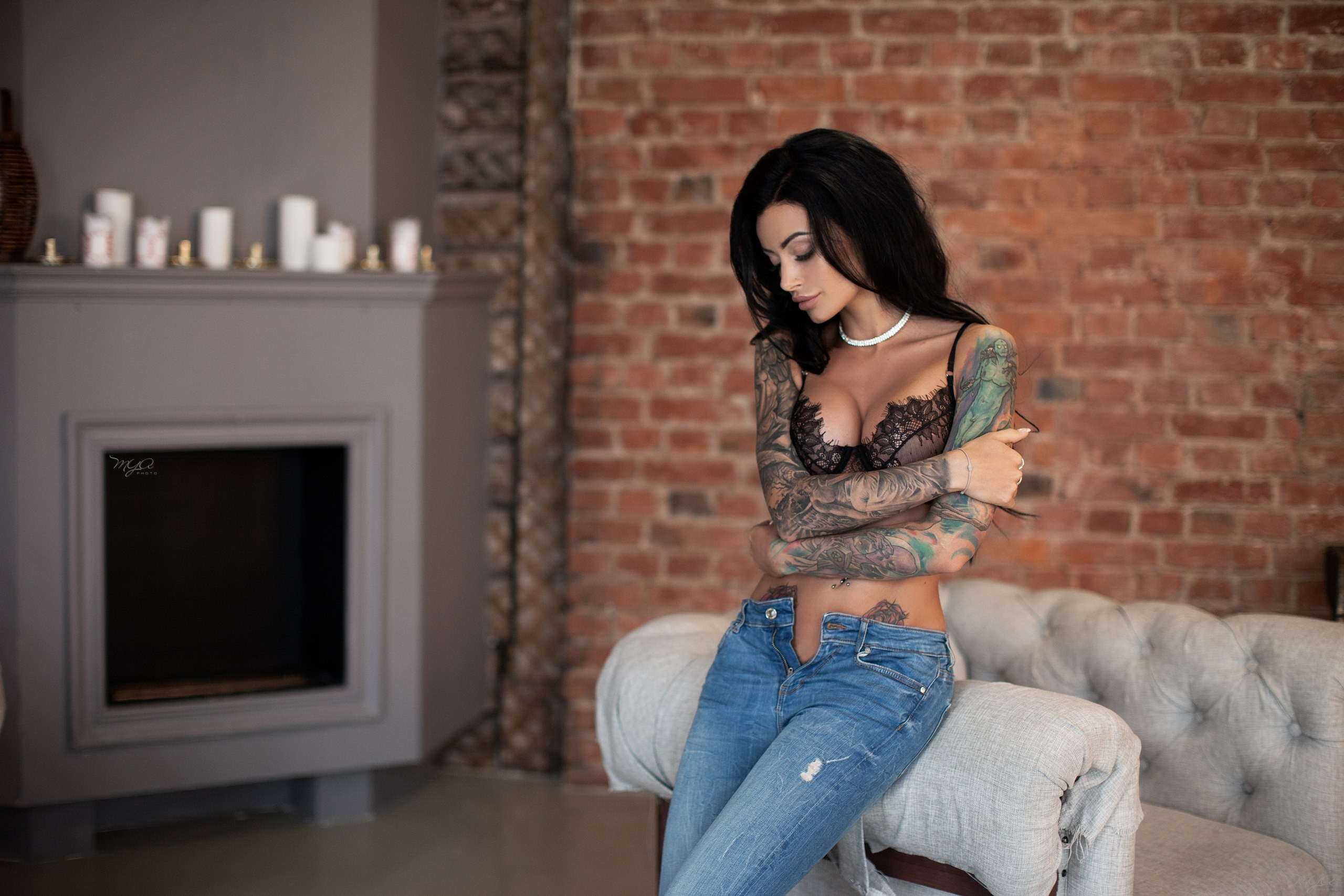 People 2560x1707 Anna Sajarova women pants jeans tanned tattoo black lingerie arms crossed closed eyes pierced navel