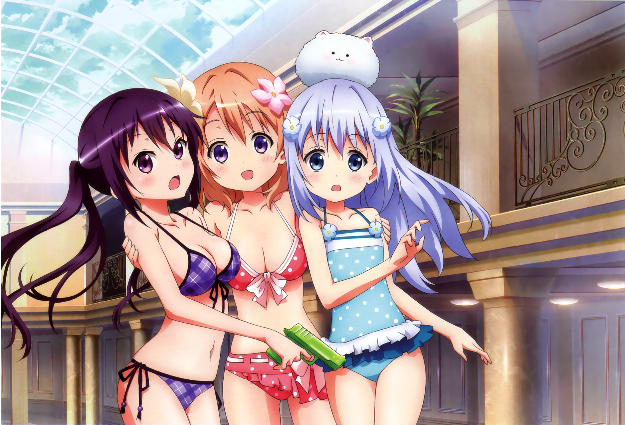 Anime 2190x1490 Gochuumon wa Usagi Desu ka? Kafuu Chino Tedeza Rize Hoto Kokoa anime girls one-piece swimsuit bikini