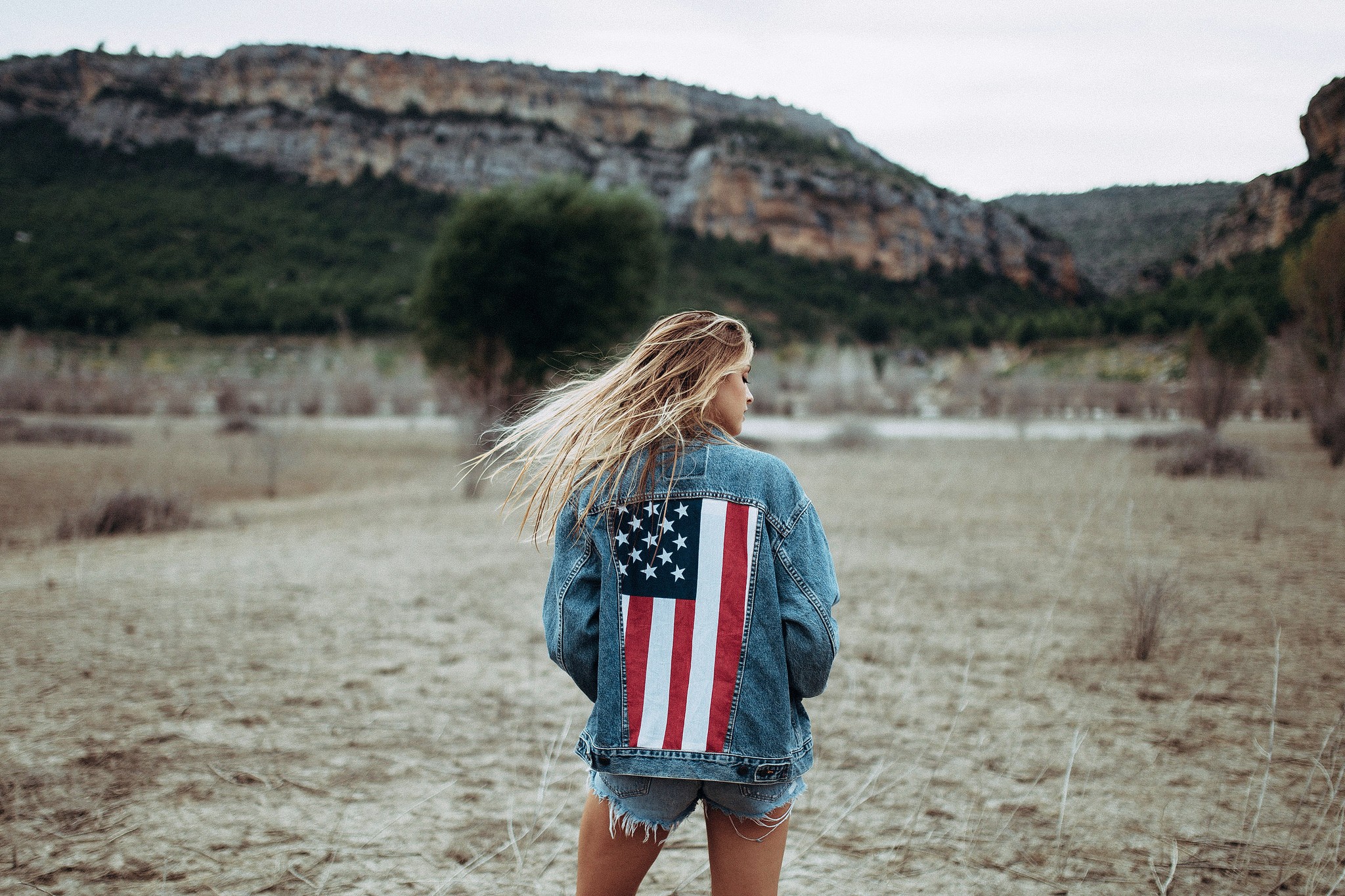 People 2048x1365 women Robert Marcillas Ronda blonde denim jean shorts American flag back women outdoors