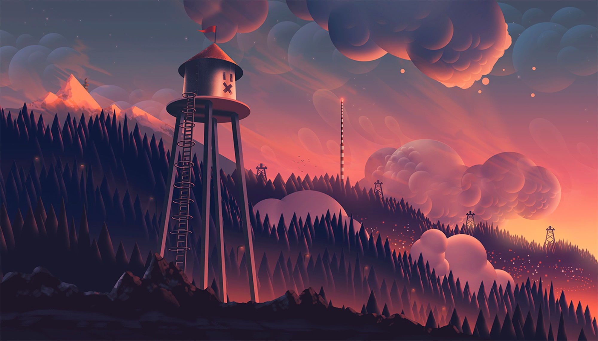 General 2000x1141 digital art Aaron Campbell trees clouds forest fantasy art mountains sunset