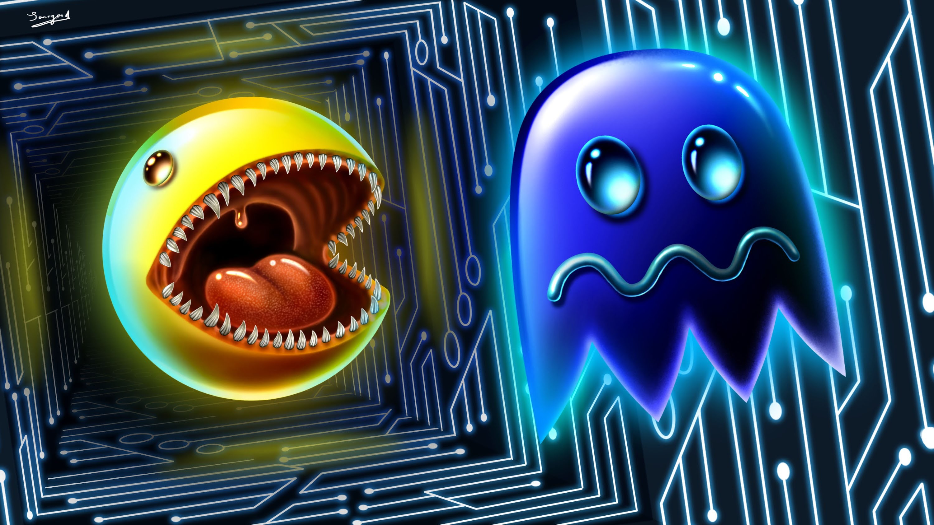 General 3000x1688 digital art artwork Pac-Man  video games retro games ghost fangs CGI tongues fan art glowing