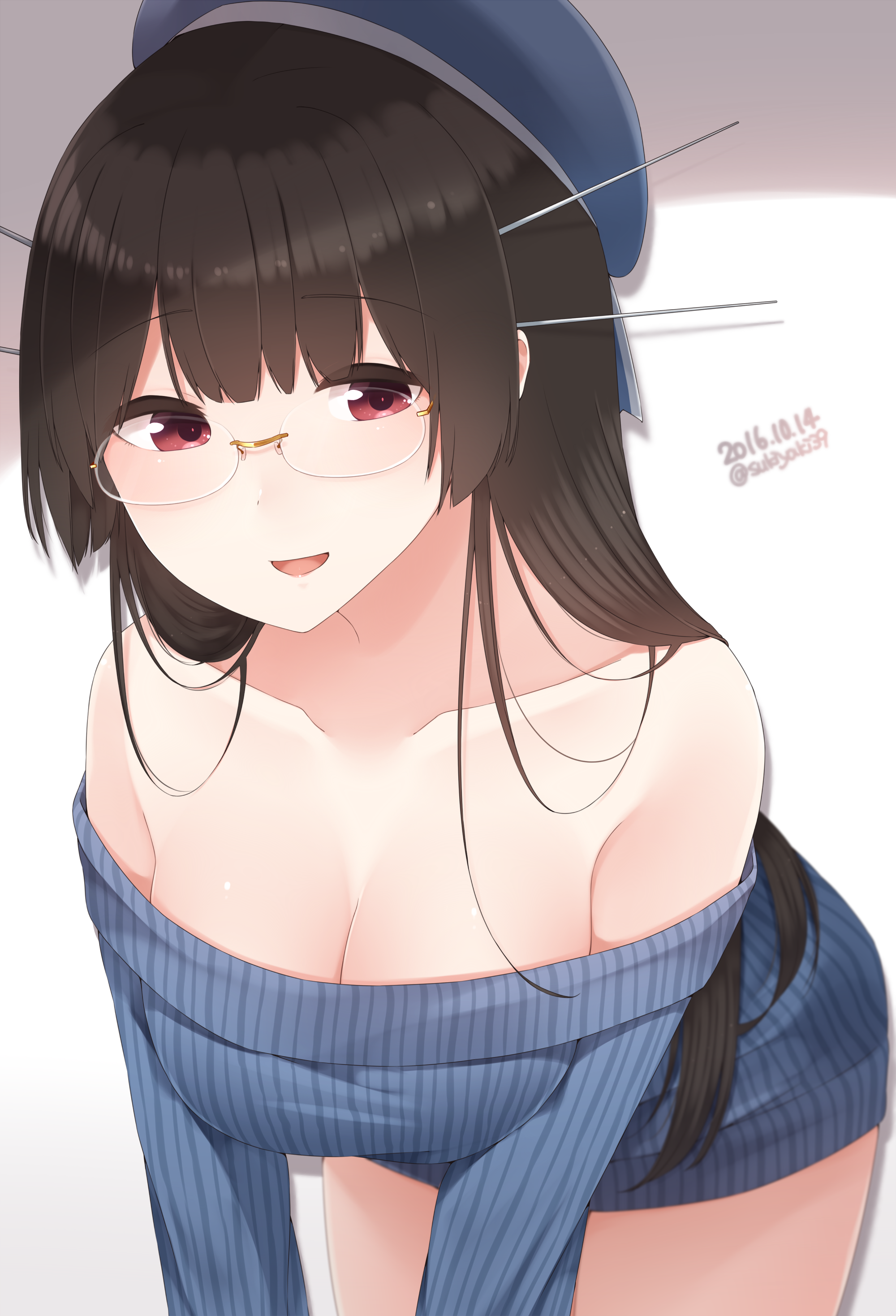 Anime 2000x2937 anime anime girls Kantai Collection long hair brunette red eyes glasses sweater no bra open shirt cleavage