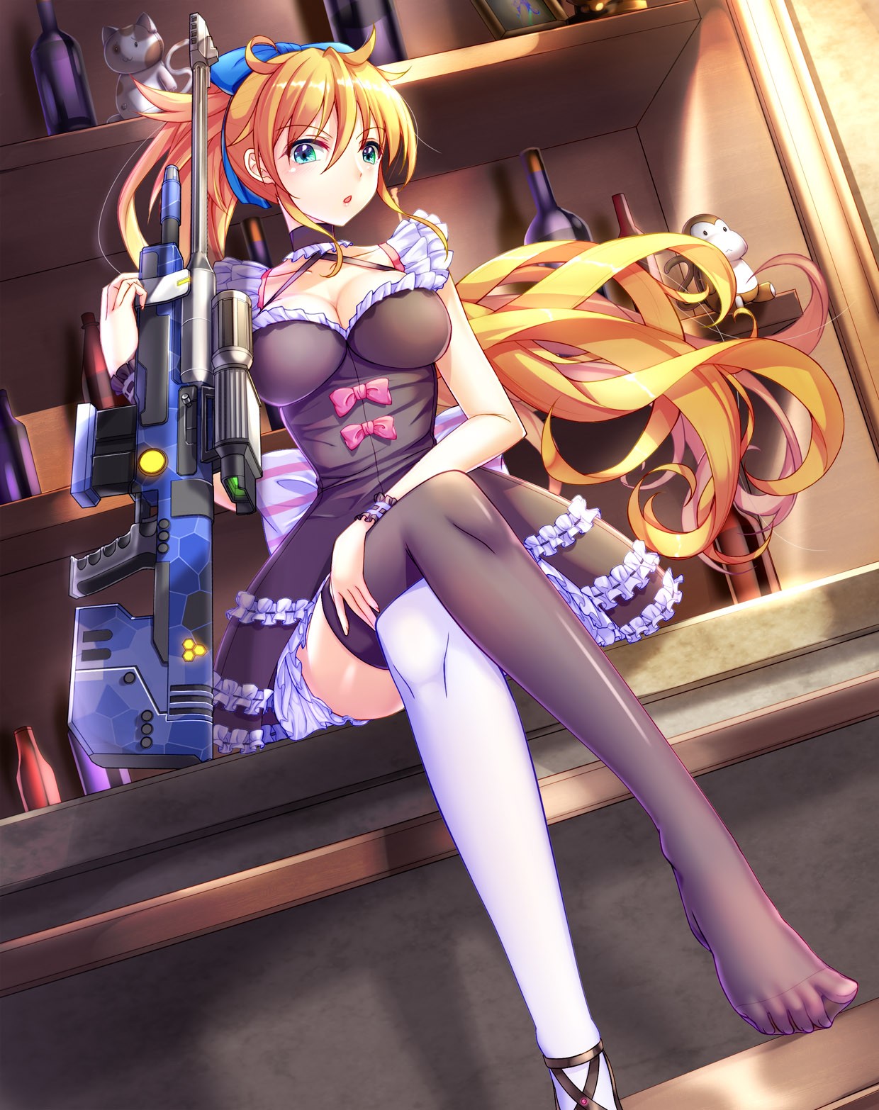 feet, long hair, blonde, green eyes, anime, anime girls, gun, heels