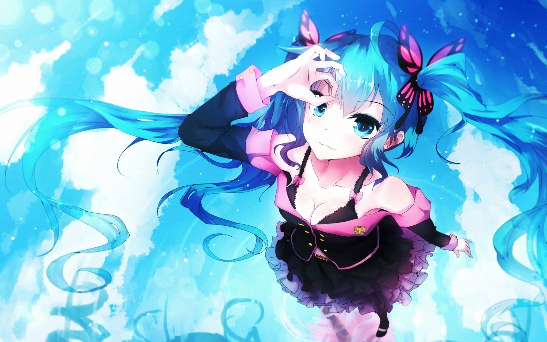 Anime 1920x1200 blue hair anime girls anime blue eyes twintails cleavage Vocaloid Hatsune Miku Bai Yemeng