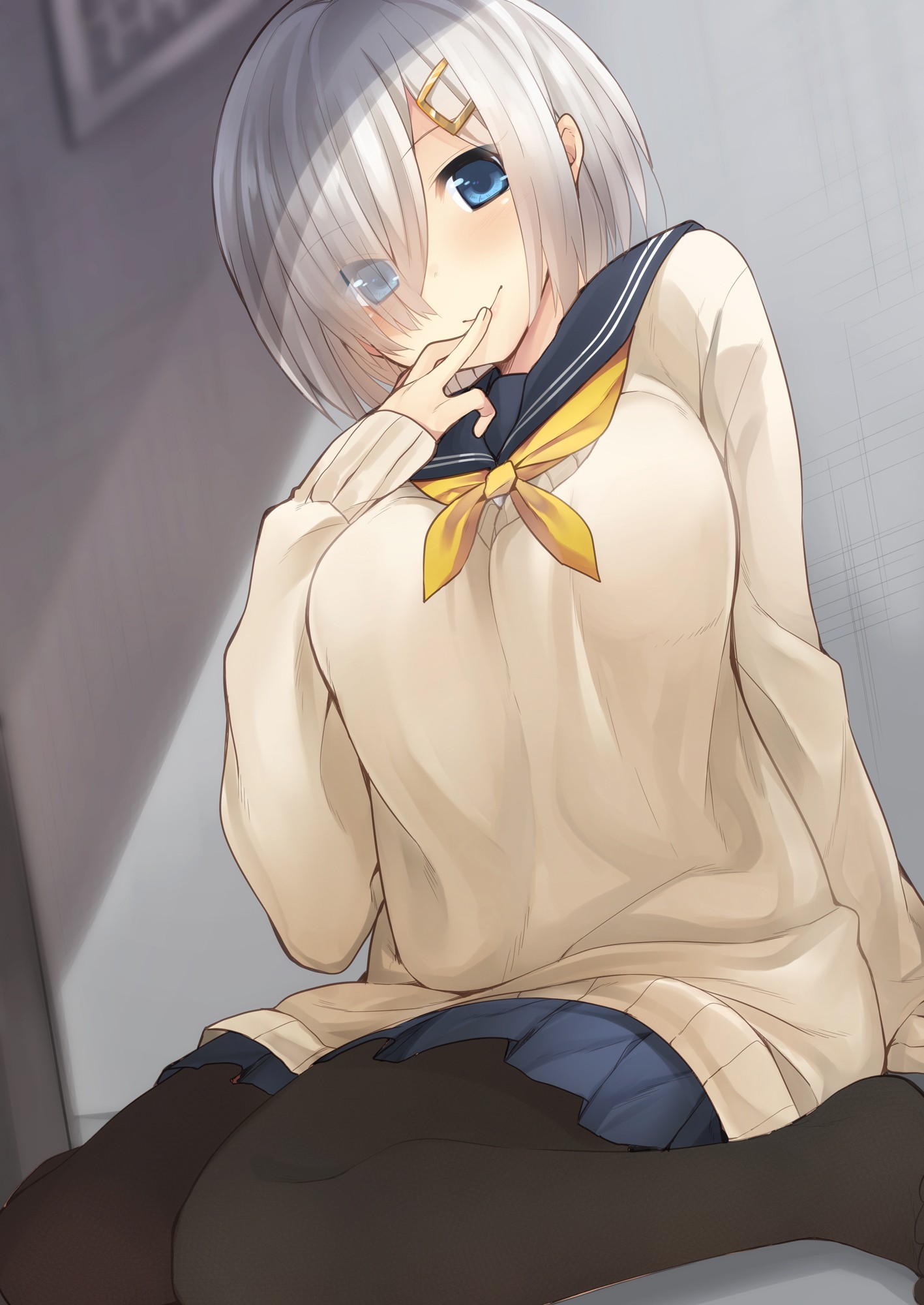 Anime 1417x2000 anime anime girls Kantai Collection Hamakaze (KanColle)  sweater short hair gray hair blue eyes skirt stockings