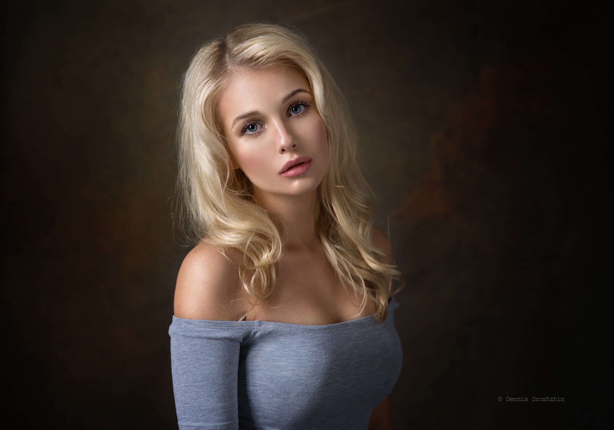 People 2048x1436 women blonde portrait simple background Dennis Drozhzhin Christina 500px model gray eyes bare shoulders bokeh looking at viewer tight clothing women indoors studio makeup indoors