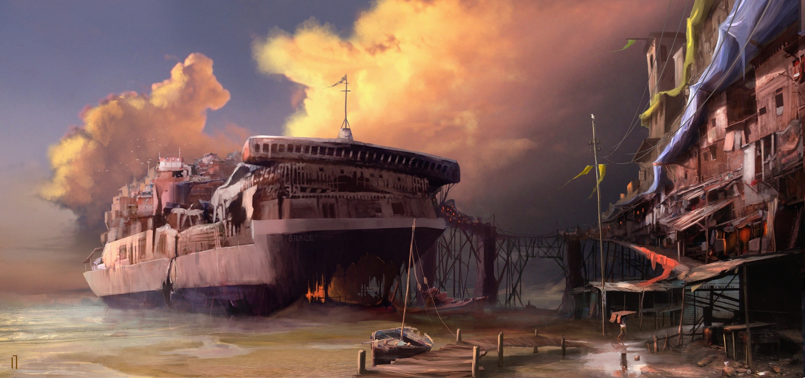 General 2560x1202 apocalyptic artwork ship shipwreck clouds boat
