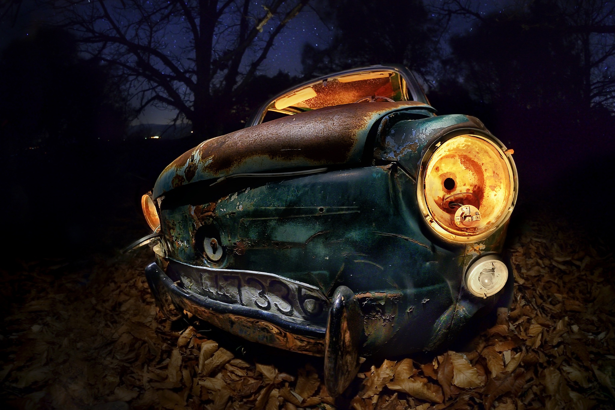 General 2048x1367 vehicle car dark wreck rust night fallen leaves old car fall