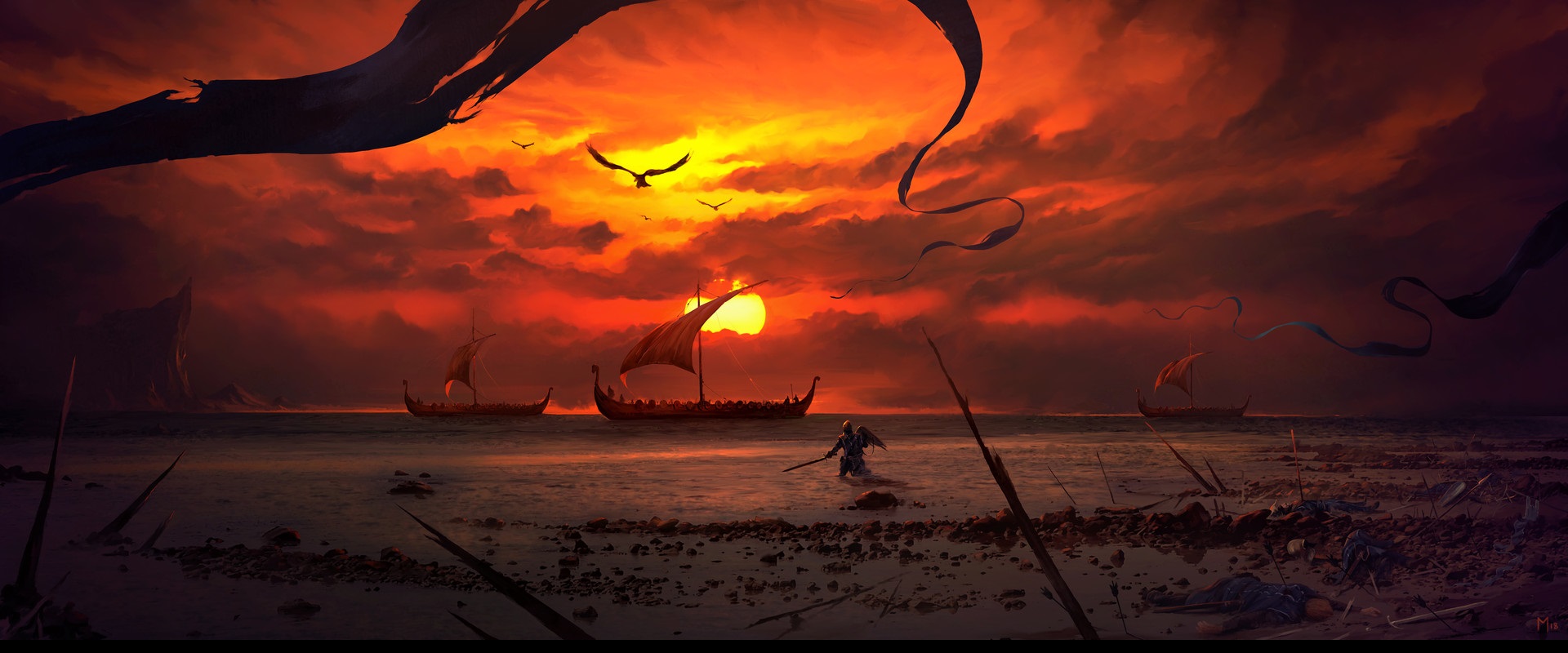 General 1920x800 digital art artwork sunset Dominik Mayer beach battlefields ship sea fantasy art dark fantasy Sun sky