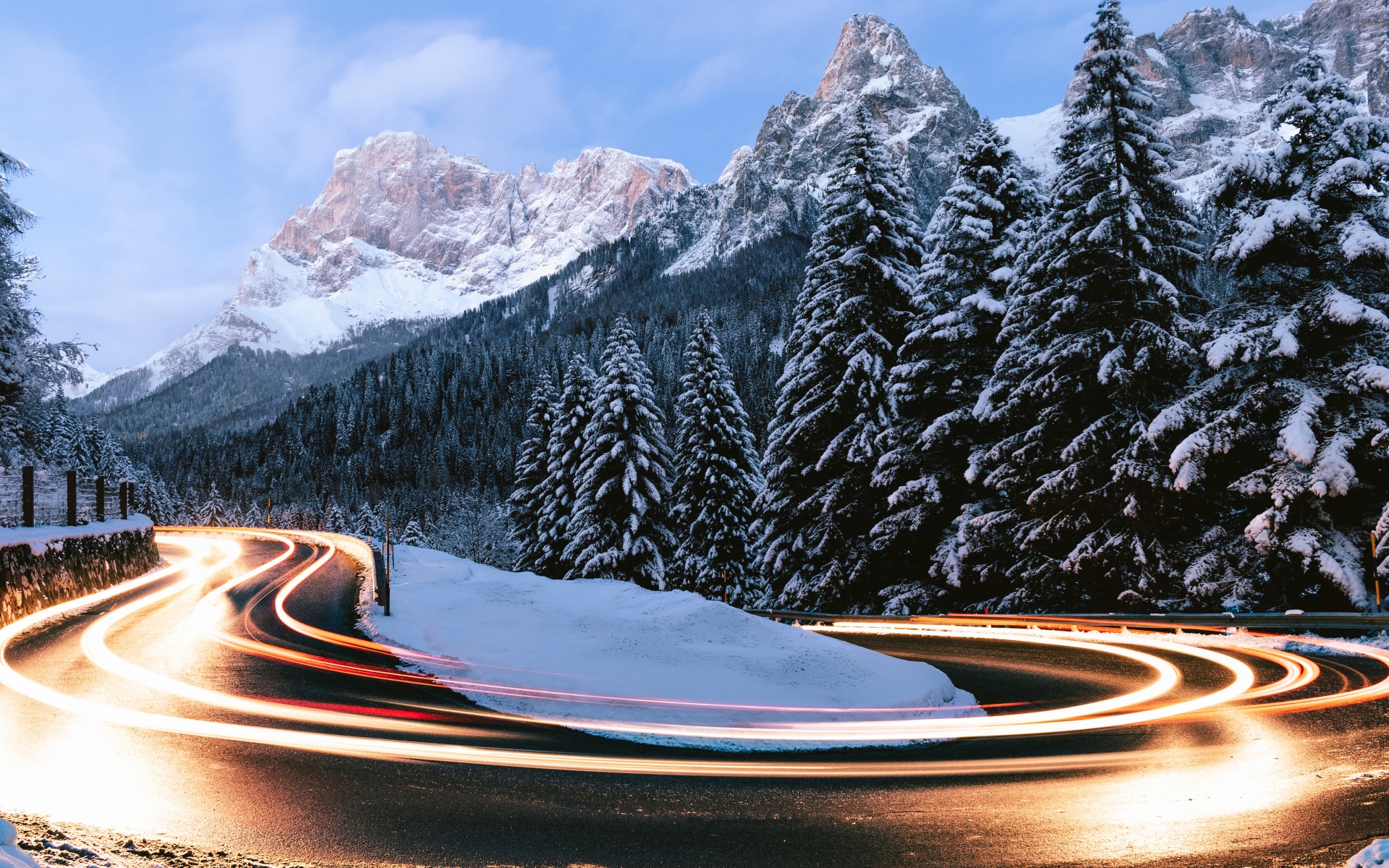 General 1920x1200 nature landscape winter snow road long exposure trees forest pine trees mountains light trails hairpin turns