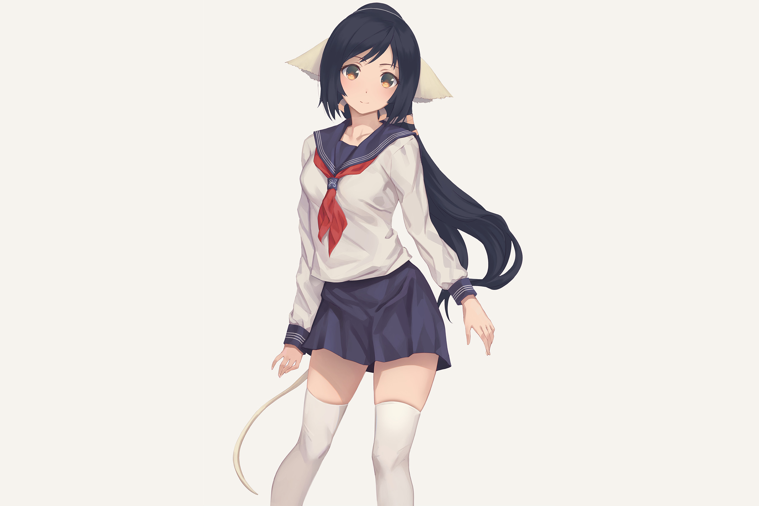 Anime 2589x1726 anime anime girls brunette long hair school uniform thigh-highs smiling looking at viewer white background
