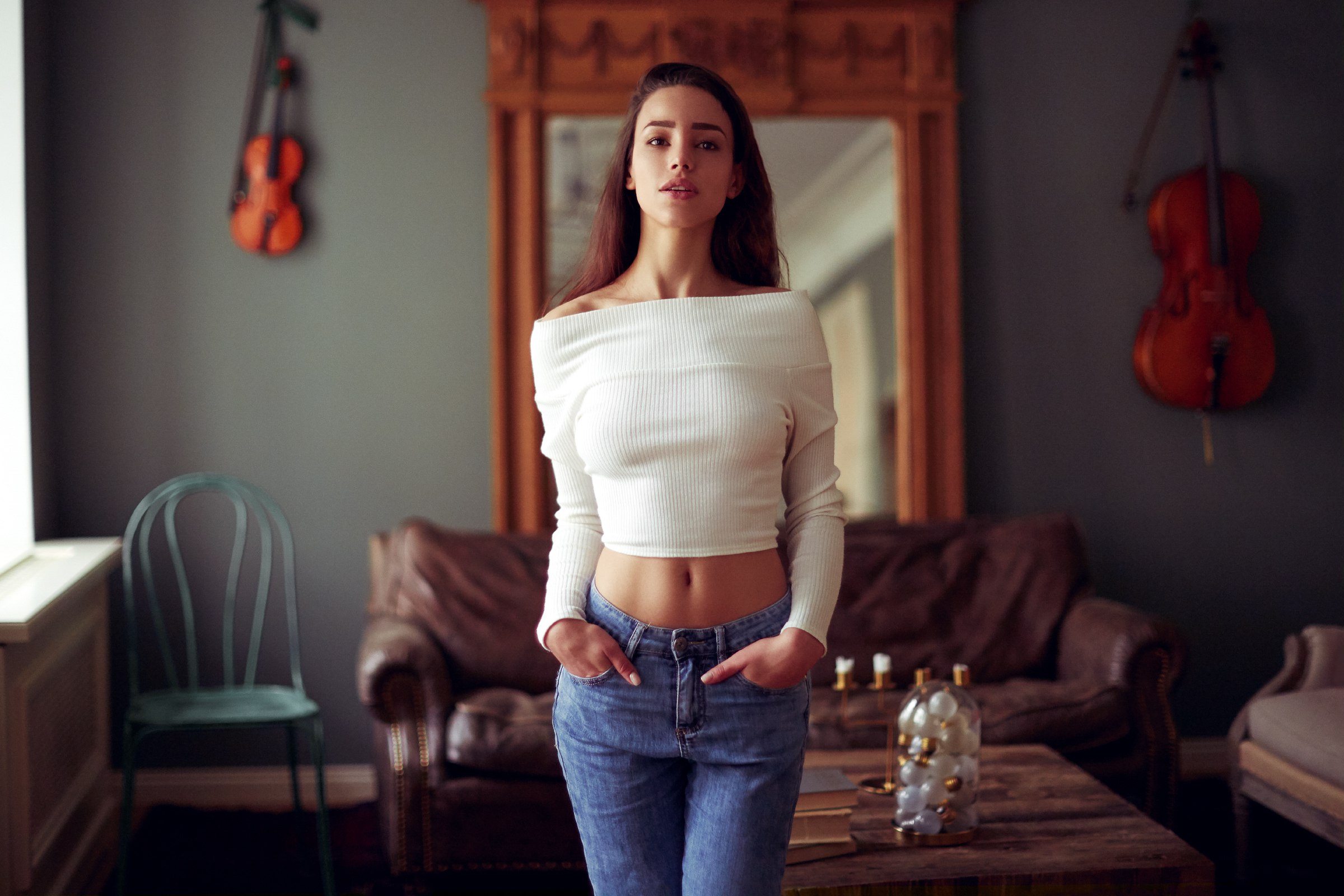 People 2400x1600 women jeans chair couch depth of field white sweater hands in pockets short tops women indoors brunette standing model makeup bare midriff