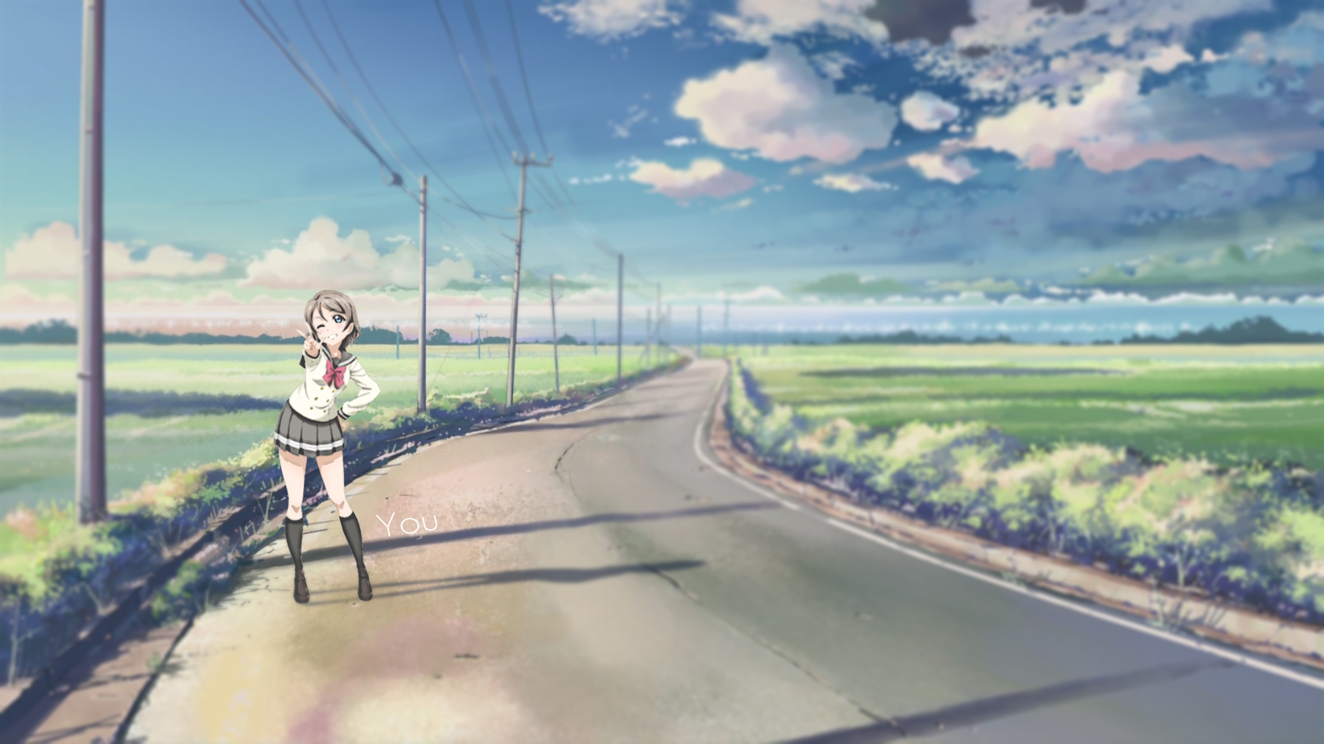 Anime 1920x1080 Love Live! anime girls miniskirt road anime outdoors sky skirt standing hand gesture one eye closed