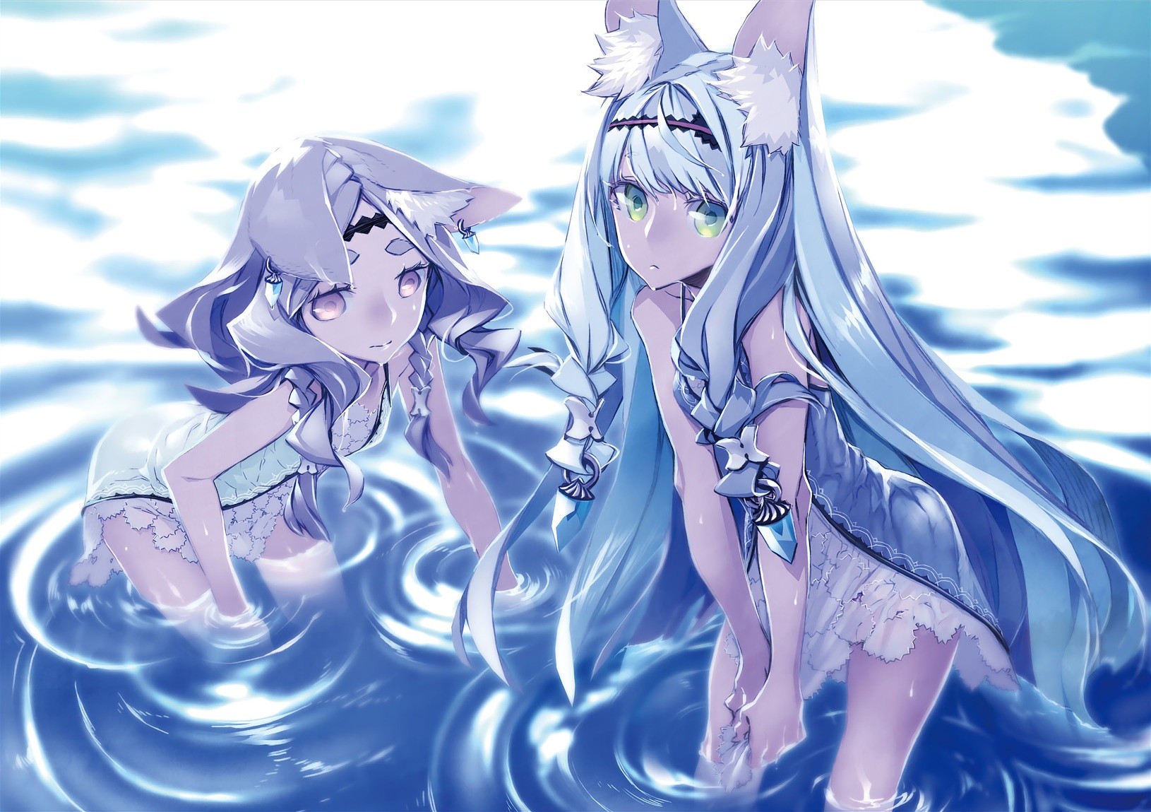 Anime 1630x1149 anime anime girls animal ears long hair two women water in water fantasy art fantasy girl