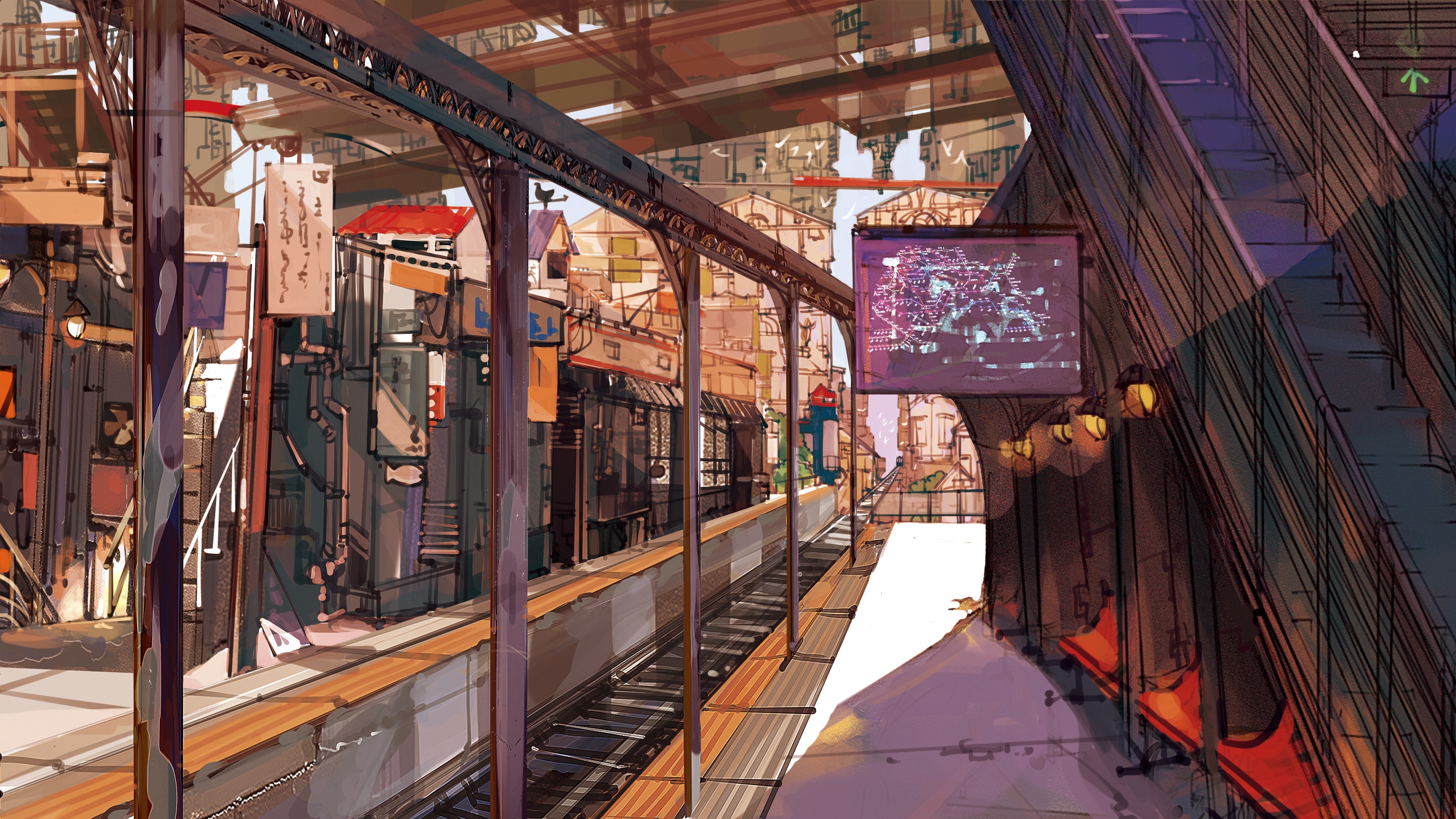Anime 3200x1800 city train station railway anime urban
