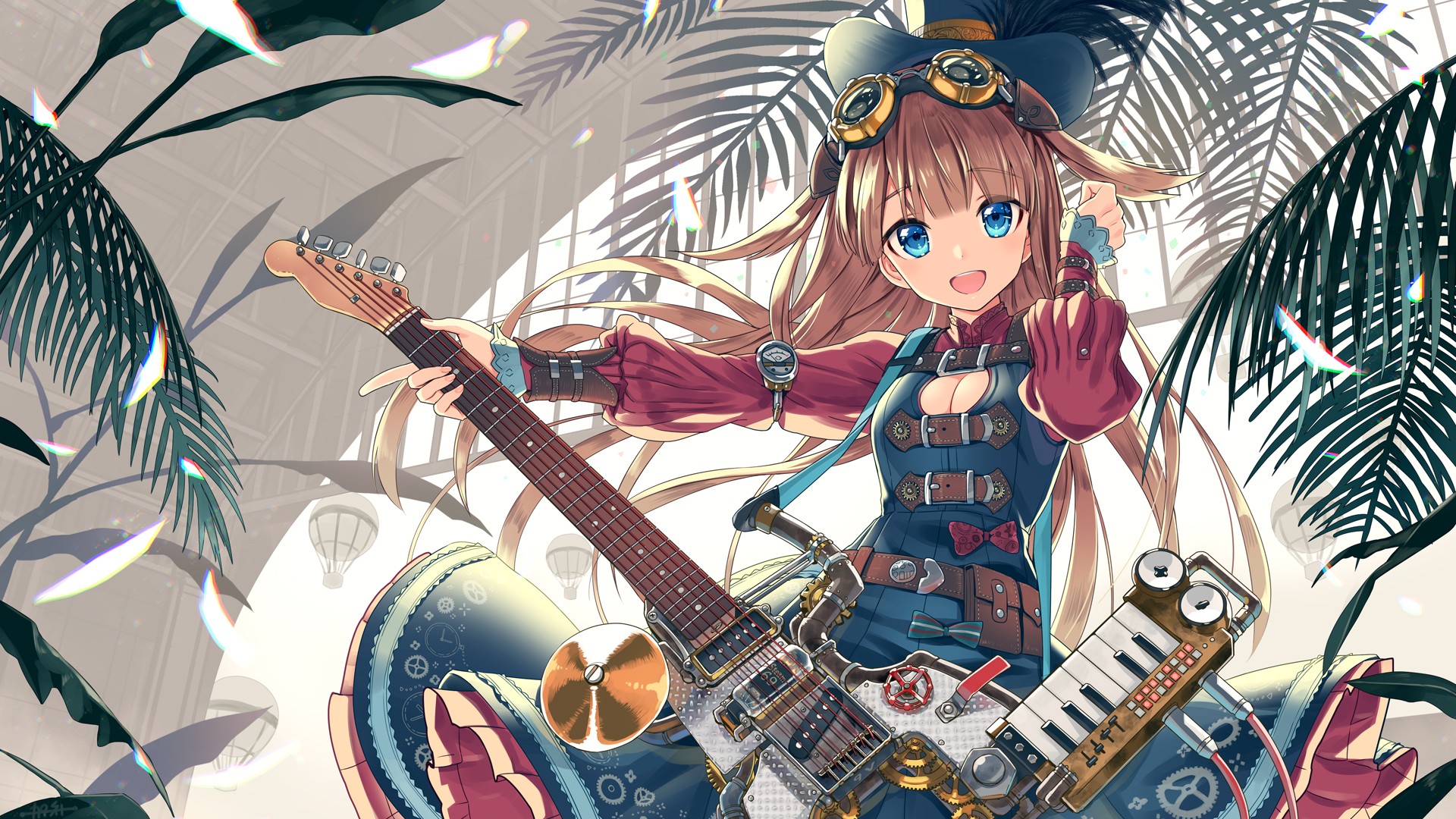 Anime 1920x1080 original characters anime girls hat dress musical instrument guitar steampunk anime open mouth brunette long hair looking at viewer goggles
