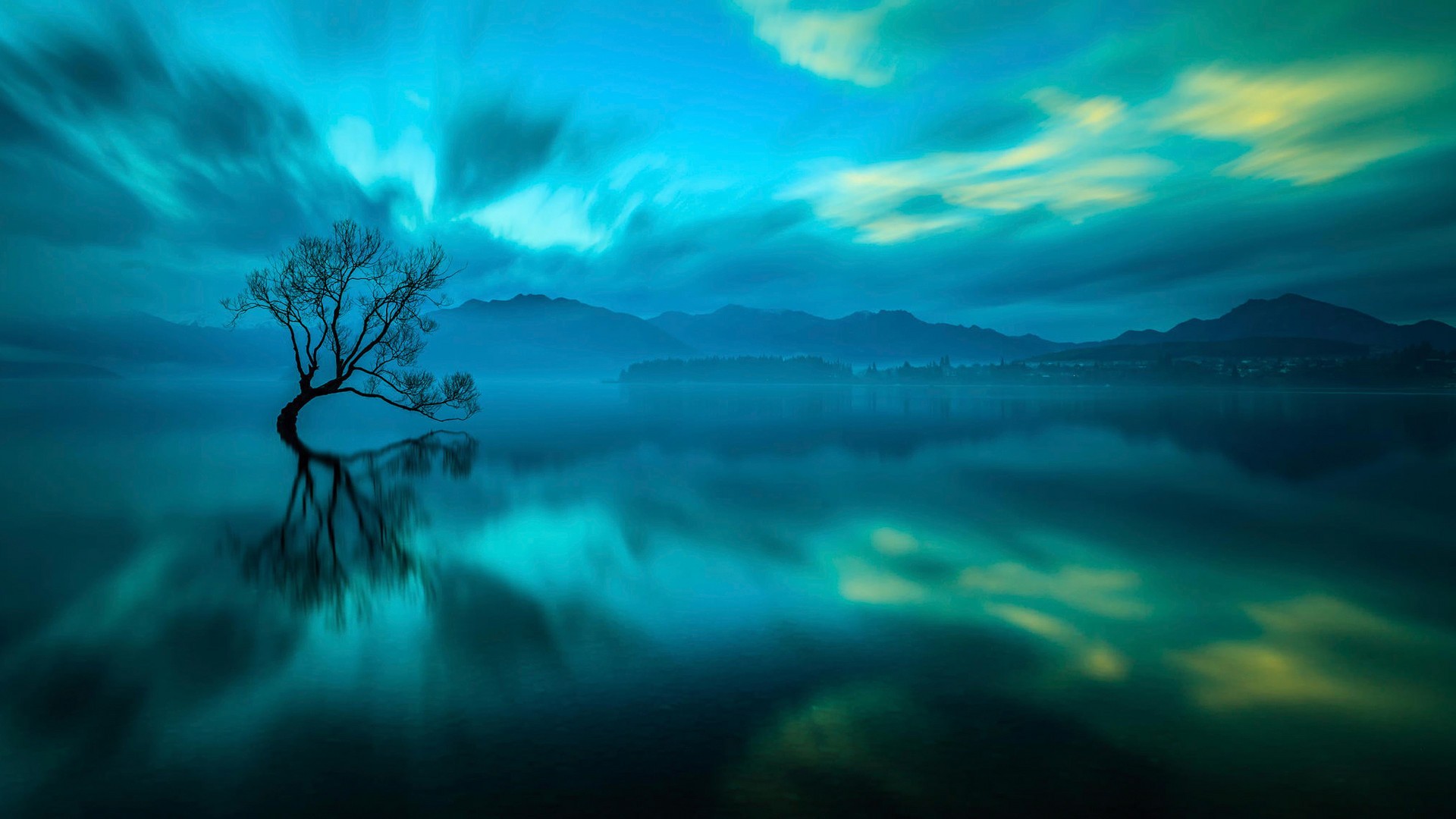 General 1920x1080 nature photography long exposure trees reflection water sky New Zealand cyan turquoise blue night