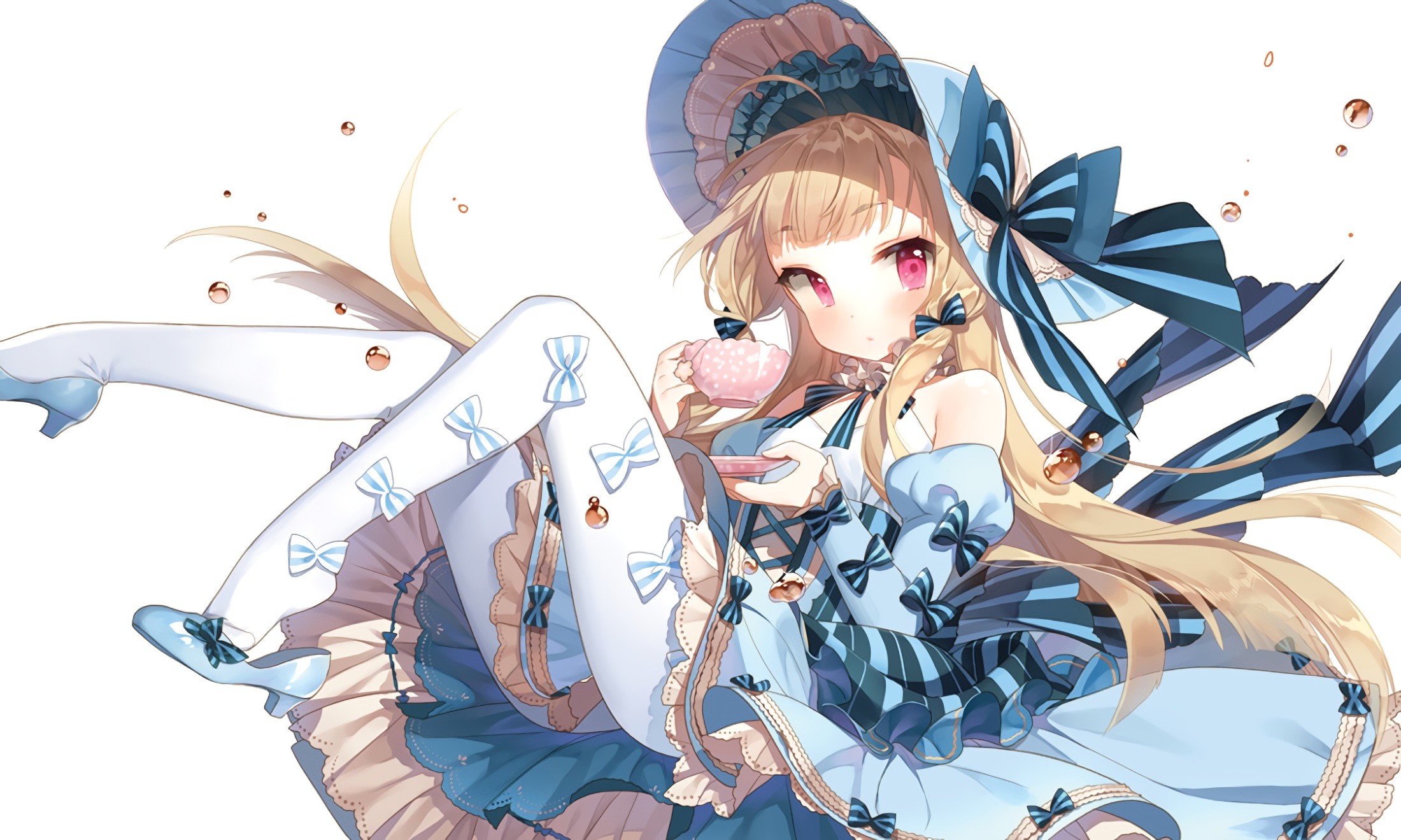 Anime 2200x1320 anime anime girls dress drink hat headdress lolita fashion stockings original characters frills ribbon blonde Pixiv women with hats thighs legs looking at viewer cup