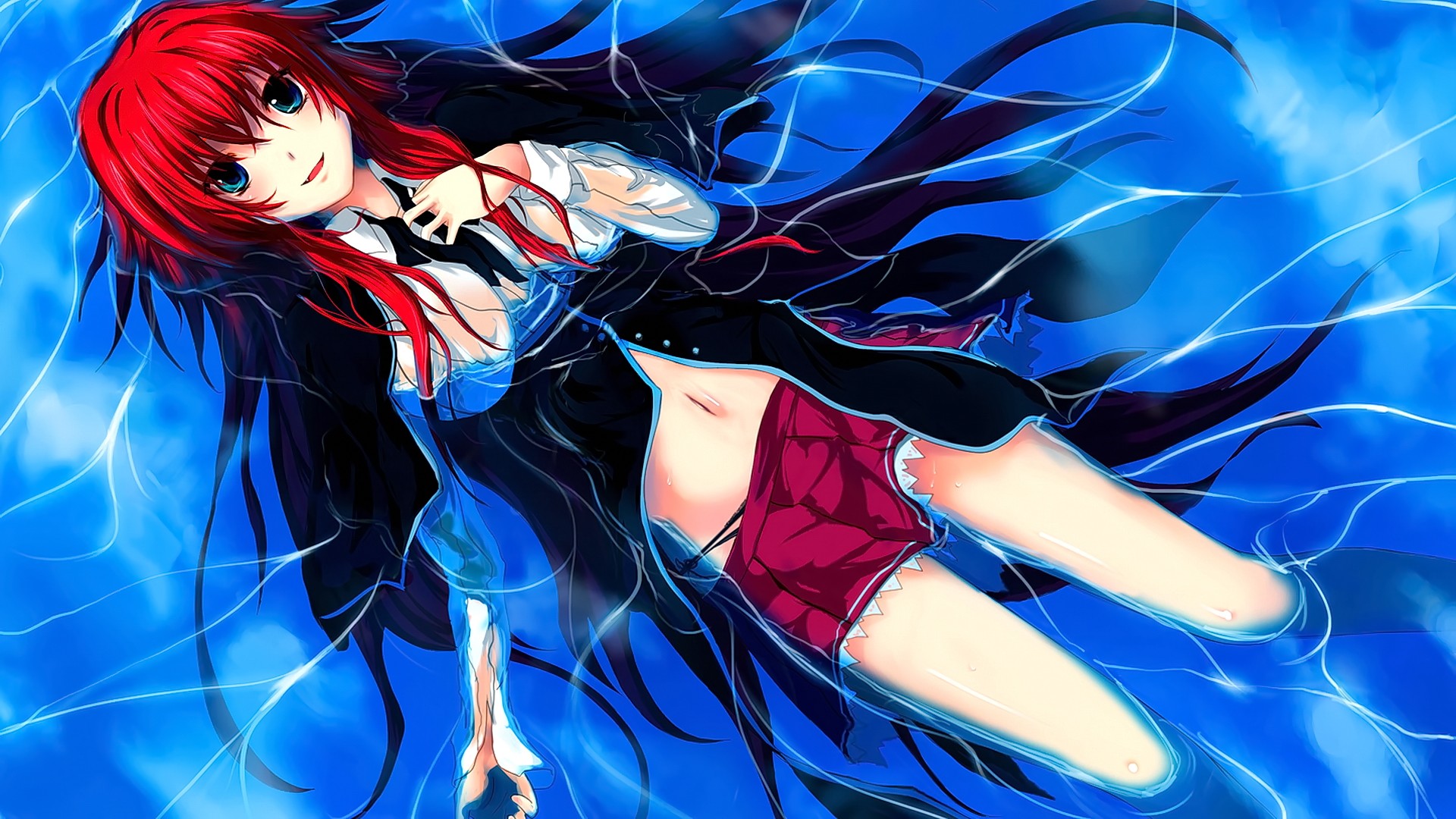 Anime 1920x1080 anime anime girls redhead long hair blue eyes smiling looking at viewer wet clothing school uniform High School DxD Gremory Rias panties underwear belly