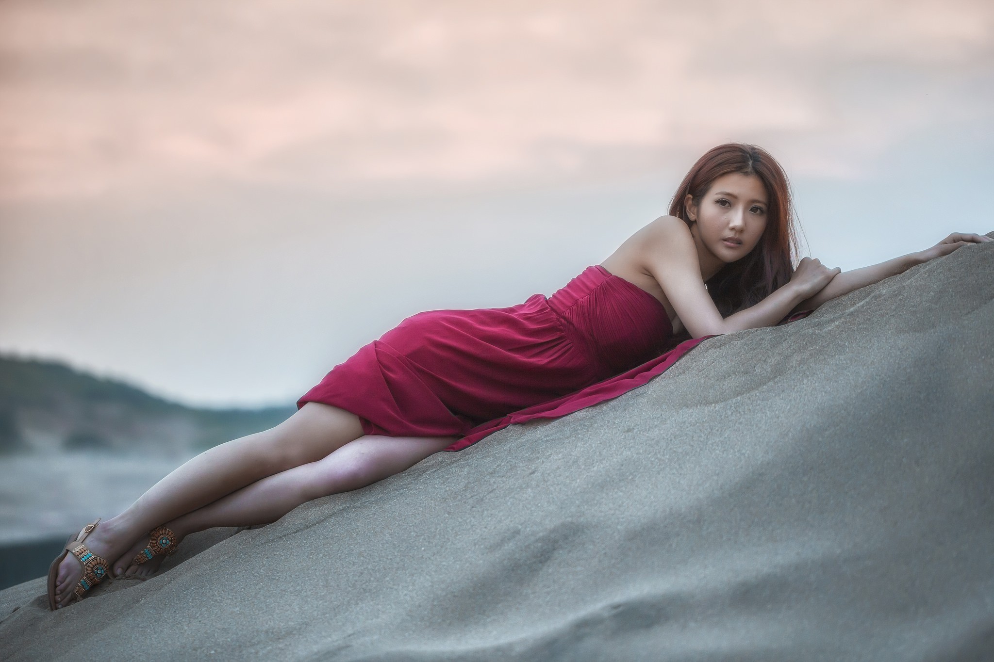 People 2048x1365 sand Asian women model legs women outdoors looking at viewer lying down dyed hair