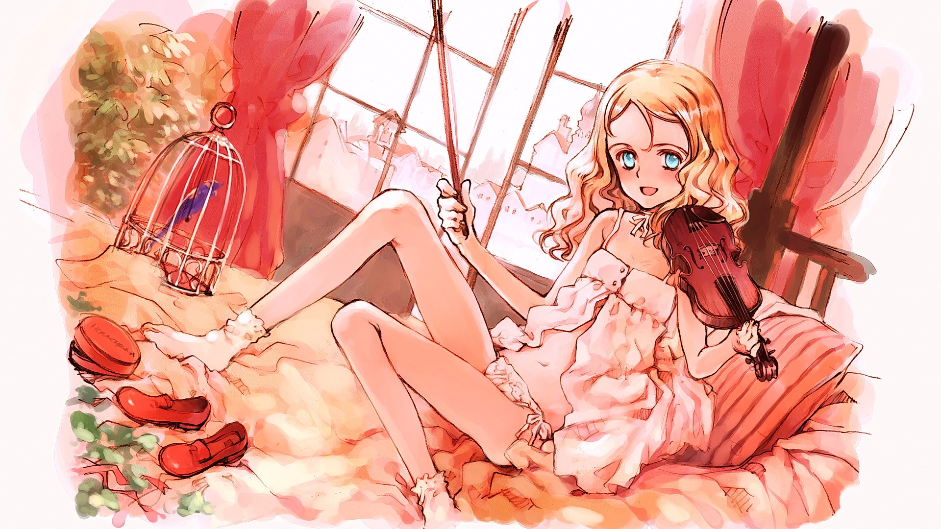 Anime 1920x1080 anime anime girls white background blonde long hair musical instrument sitting in bed smiling open mouth blue eyes birds loli violin birdcage