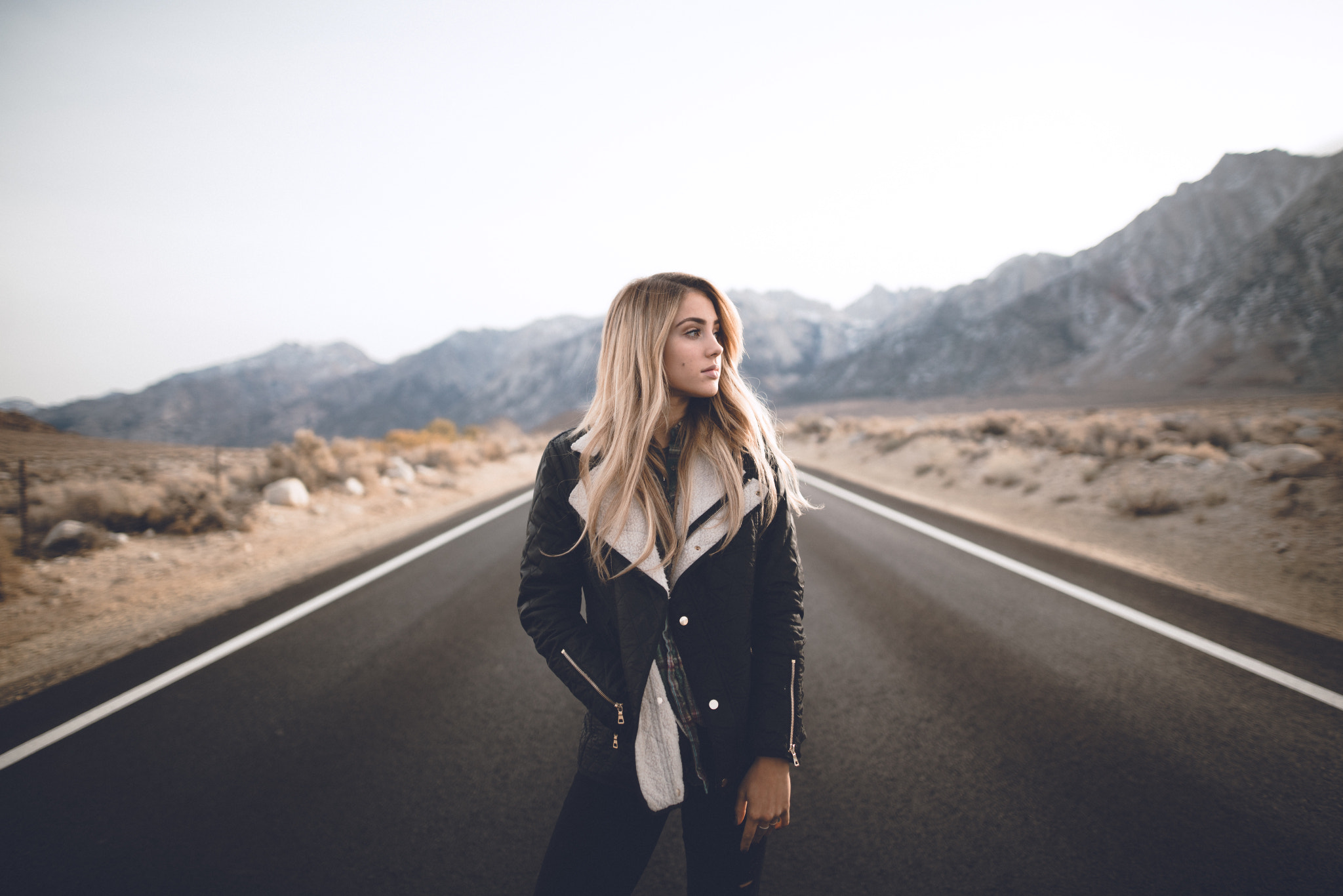 People 2048x1366 women blonde looking into the distance road mountains Zach Allia Charly Jordan jacket long hair women outdoors black jackets standing black pants