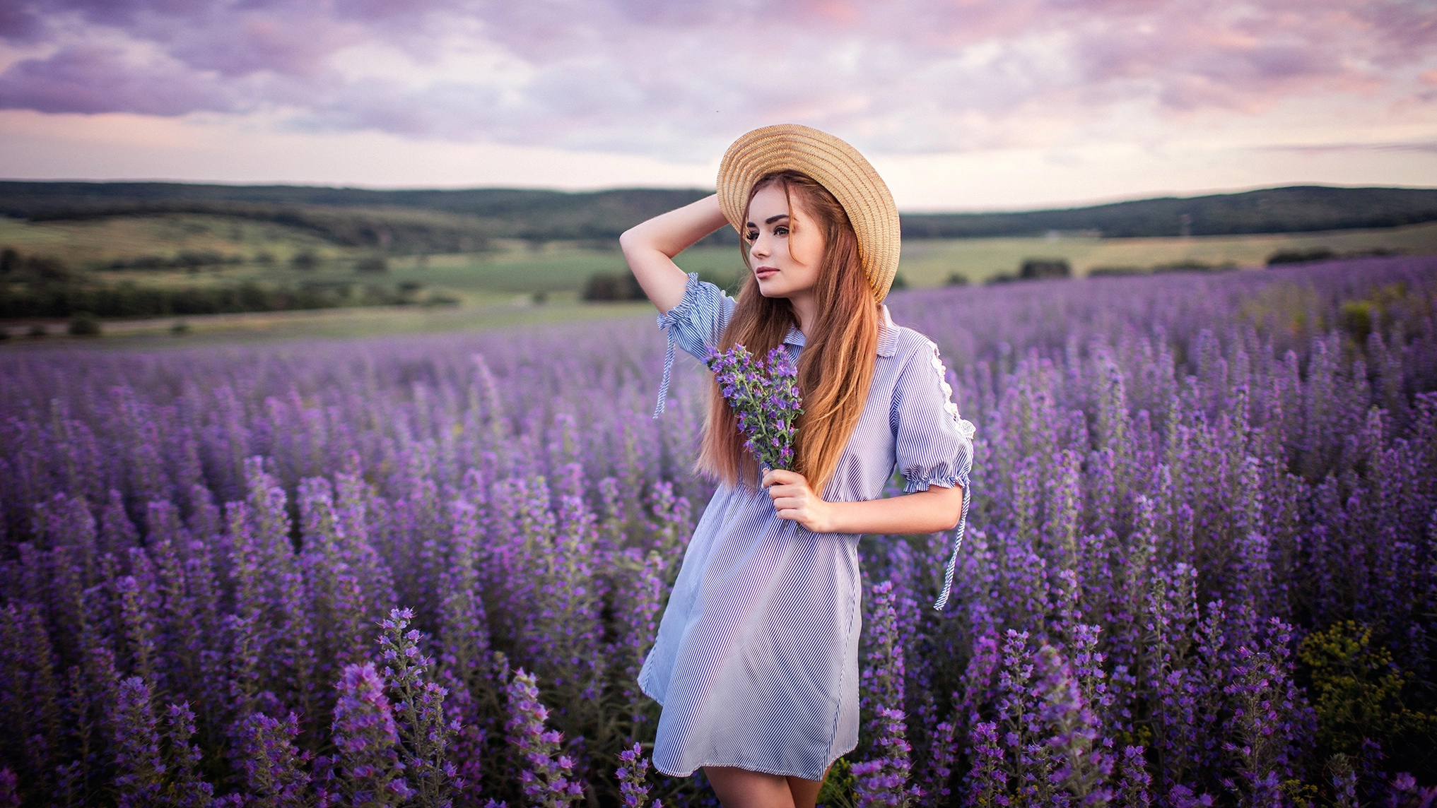 People 2033x1144 flowers purple flowers plants landscape hat women outdoors long hair women model Sergey Shatskov