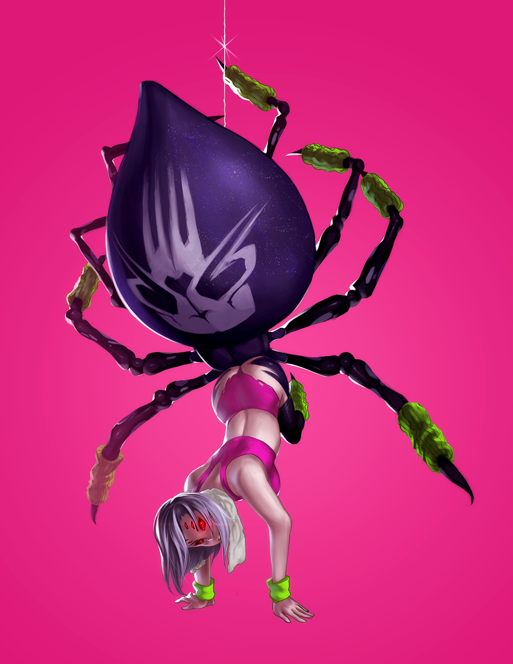 Anime 1000x1294 Monster Musume no Iru Nichijou anime girls Rachnera (Monmusu) 2D exercise short hair big boobs sports bra thighs ass glutes spiderwebs red eyes looking back training arachnid arms up ecchi pink background monster girl looking at viewer portrait display smiling simple background wristband handstand fan art