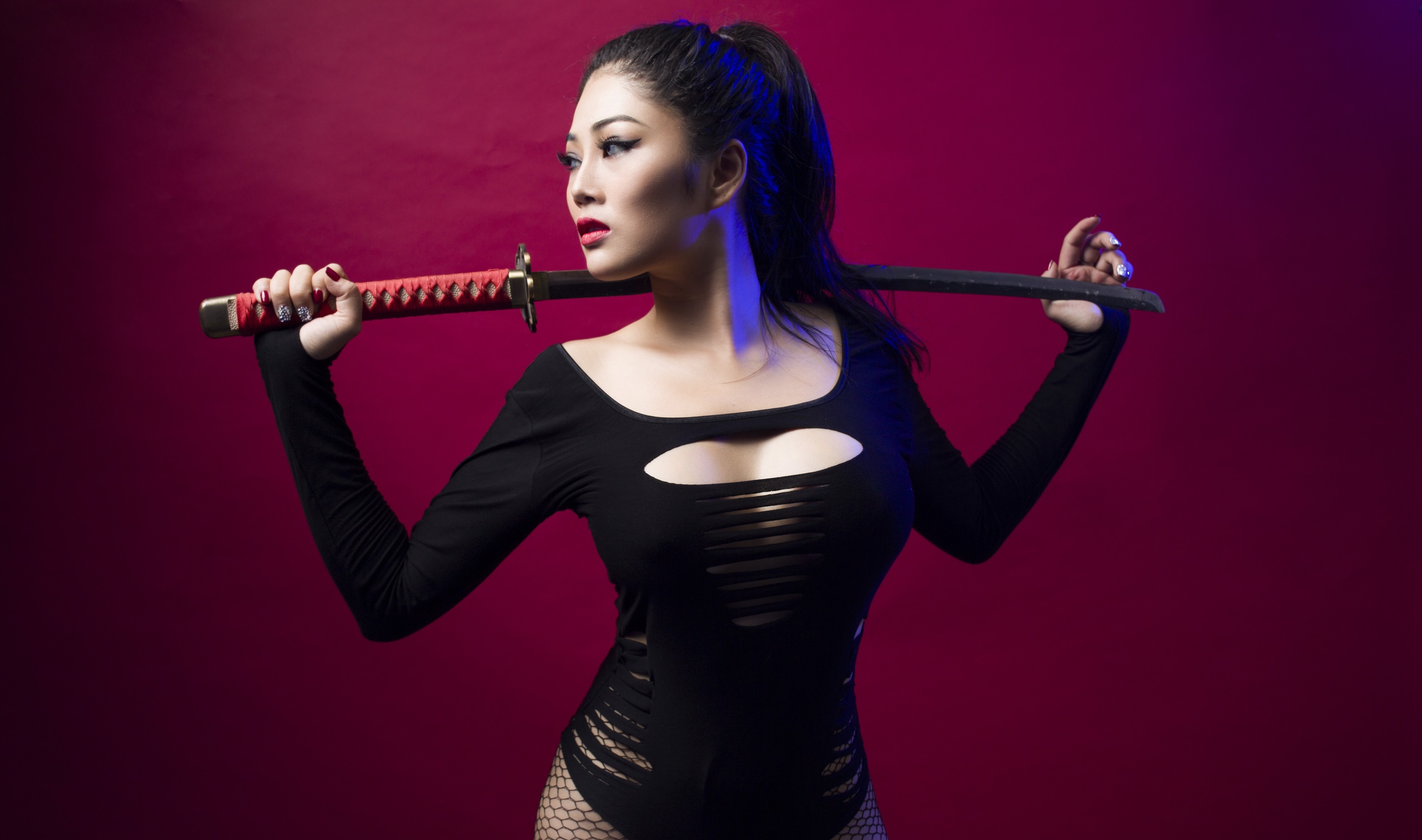 People 2560x1514 sword katana red background Asian women model bodysuit fishnet