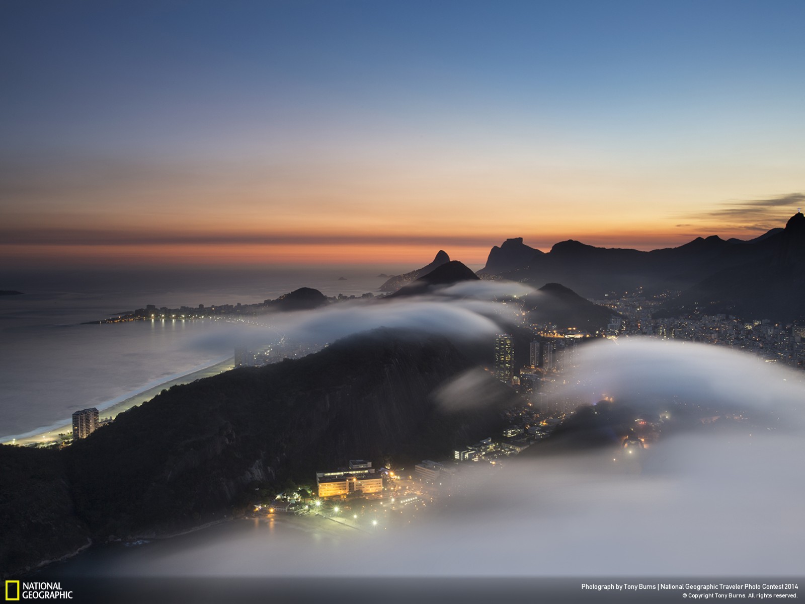 General 1600x1200 nature landscape mountains evening mist National Geographic cityscape city lights Rio de Janeiro Brazil sea sunset hills