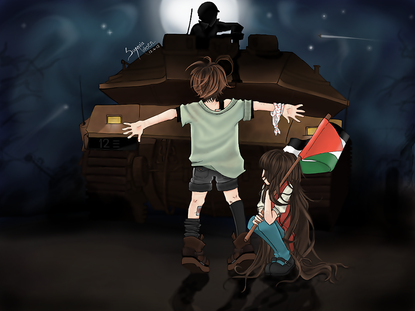 General 1366x1025 Palestine tank children flag war Merkava