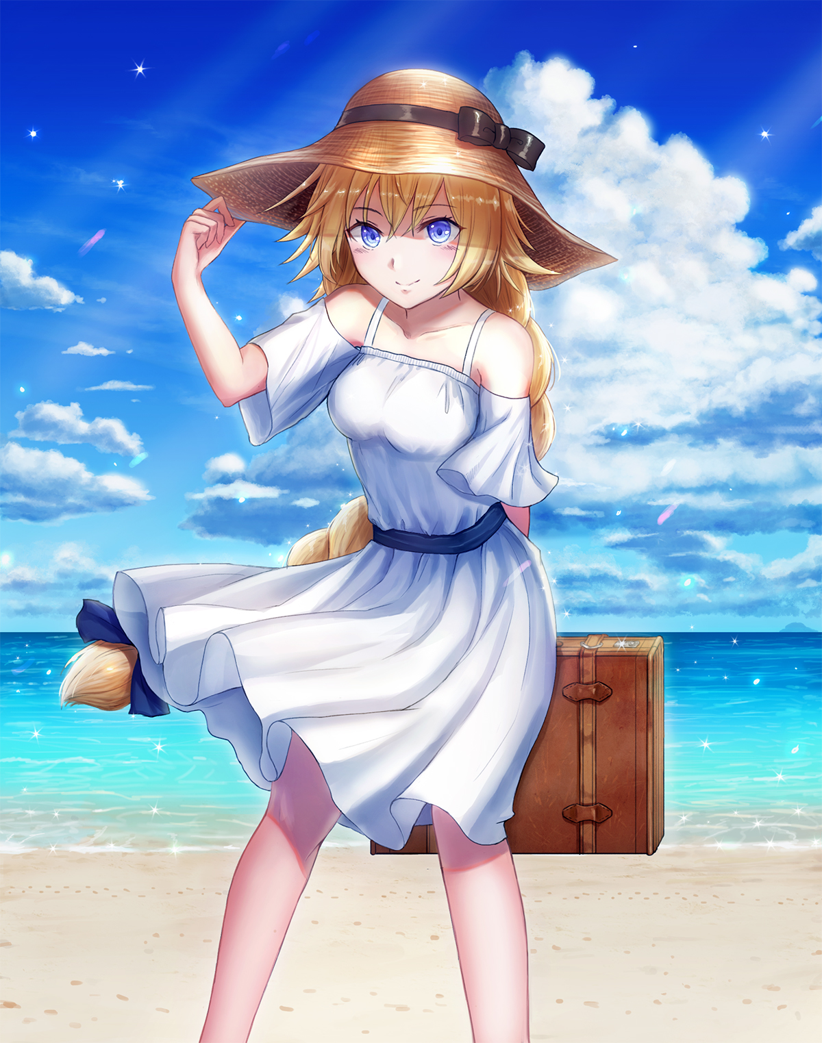 Anime 1200x1523 Fate series Fate/Apocrypha  anime girls white dress sun dress beach big boobs thighs french braids cleavage bare shoulders suitcase women on beach lifting dress anime portrait display blue eyes blushing hair bows Jeanne d'Arc (Fate) Ruler (Fate/Apocrypha) 2D looking at viewer ocean view clouds long hair smiling fan art curvy braids Seungju Lee Fate/Grand Order blonde standing straw hat