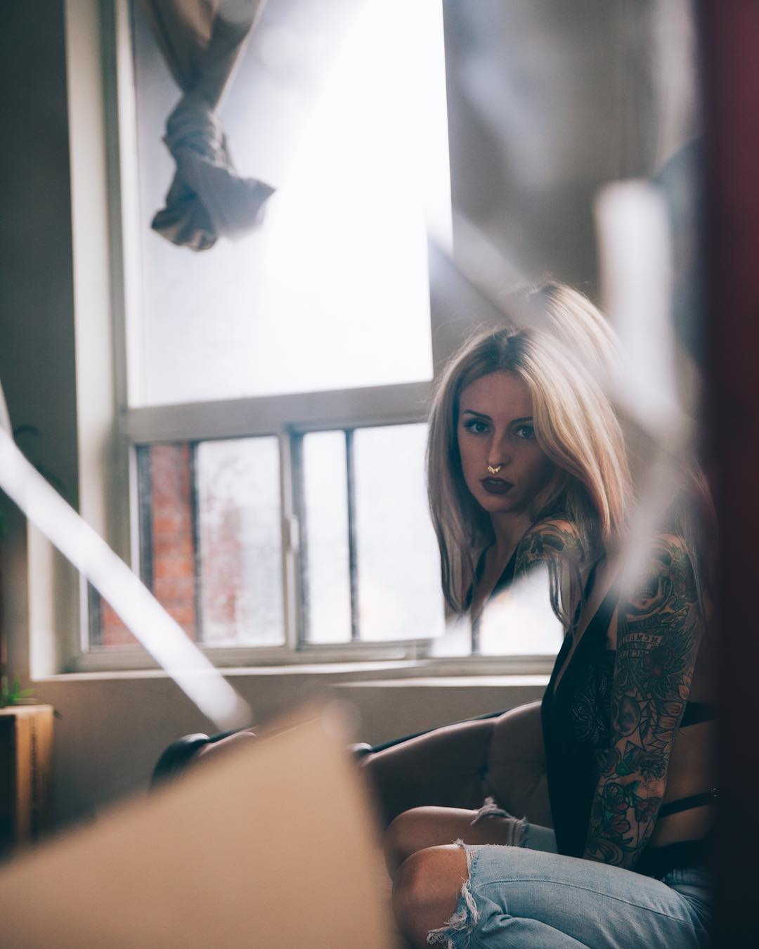 People 1080x1350 Aviana Blue blonde women photography tattoo Suicide Girls bare shoulders model women indoors window reflection face
