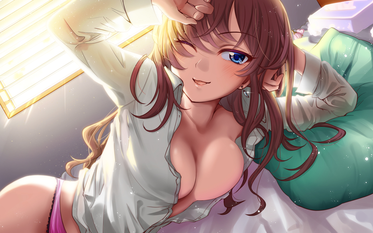 Anime 1280x800 boobs Ichinose Shiki THE iDOLM@STER THE iDOLM@STER: Cinderella Girls brunette blue eyes one eye closed in bed cleavage no bra panties open shirt anime girls