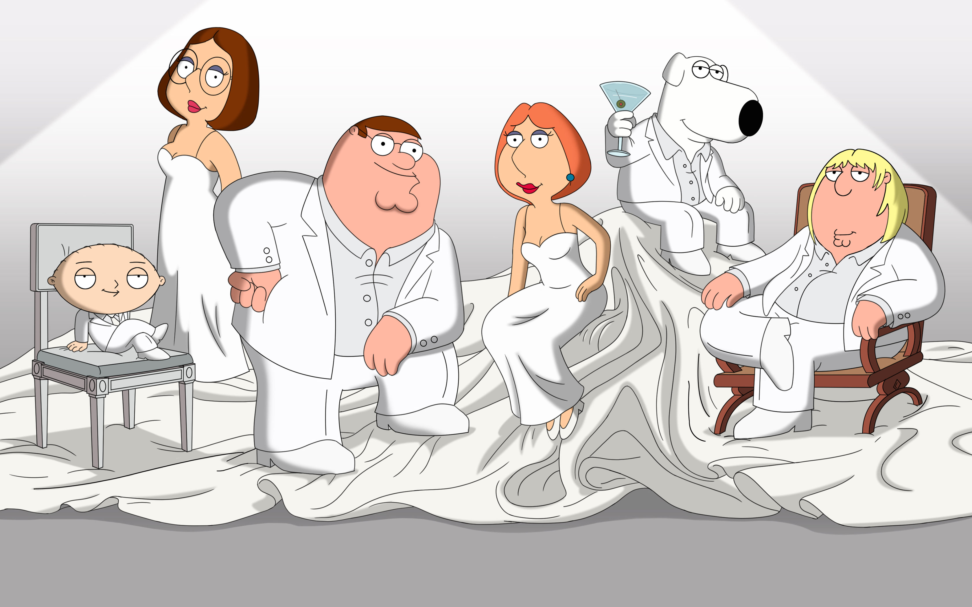 General 3360x2100 Family Guy TV series Peter Griffin Meg Griffin Brian Griffin Stewie Griffin Chris Griffin Lois Griffin cartoon smiling white white clothing simple background digital art