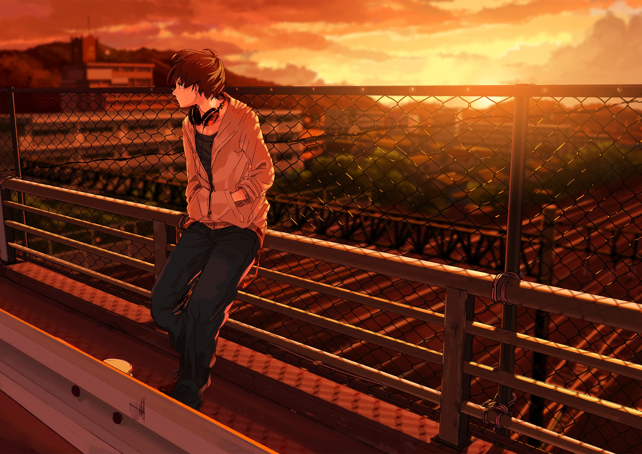 Anime 2104x1488 anime bridge anime boys looking away sky sunlight urban