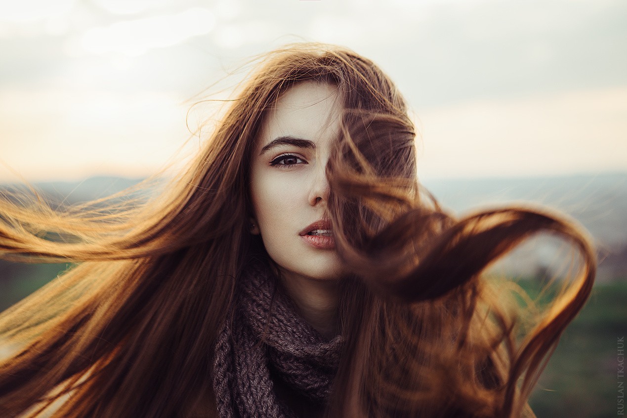 People 1269x846 women face portrait windy hair blowing in the wind Ruslan Tkachuk women outdoors hair in face looking at viewer model long hair watermarked