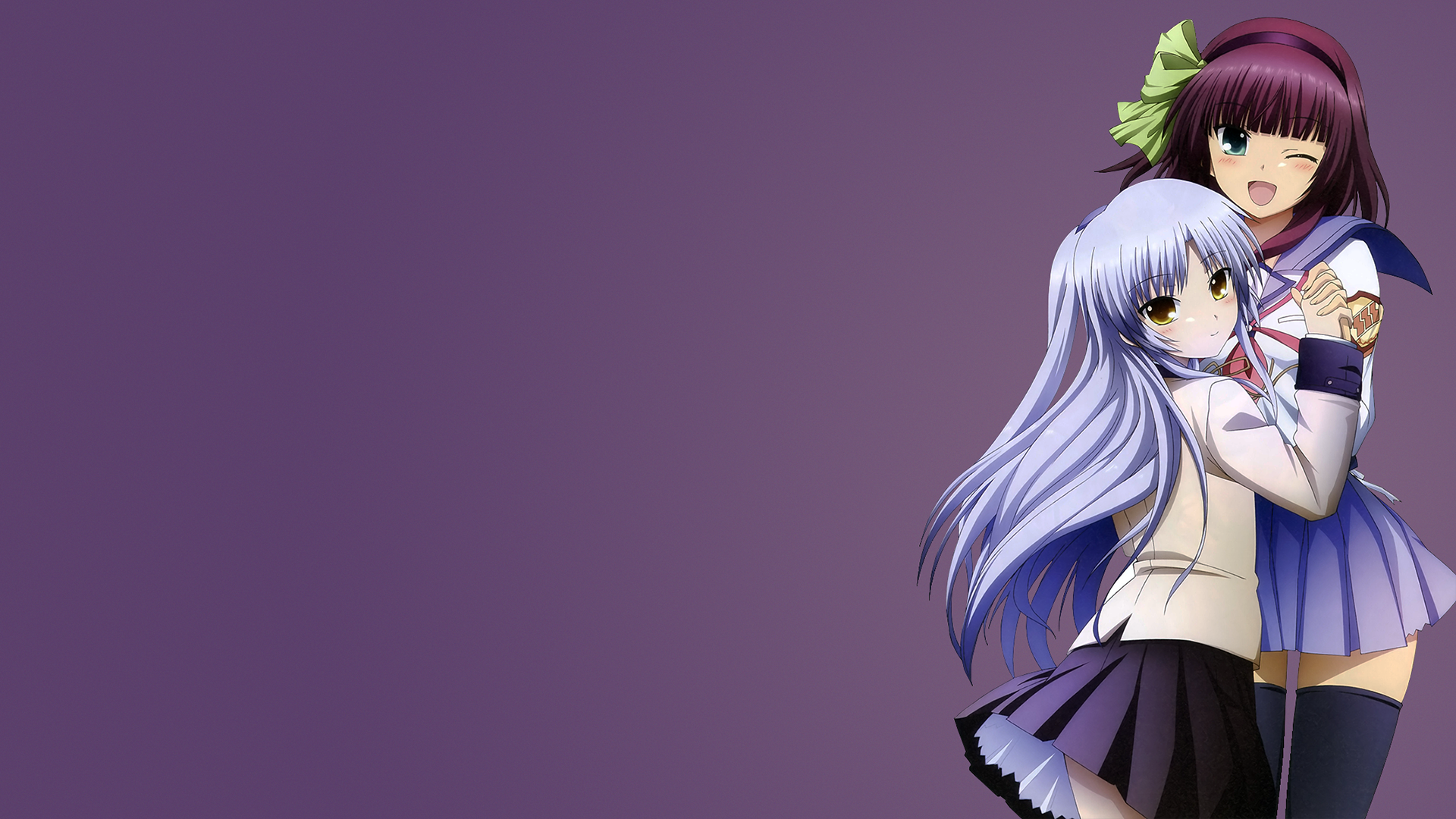 Anime 1920x1080 anime anime girls long hair Angel Beats! purple background two women skirt holding hands stockings open mouth one eye closed green eyes yellow eyes