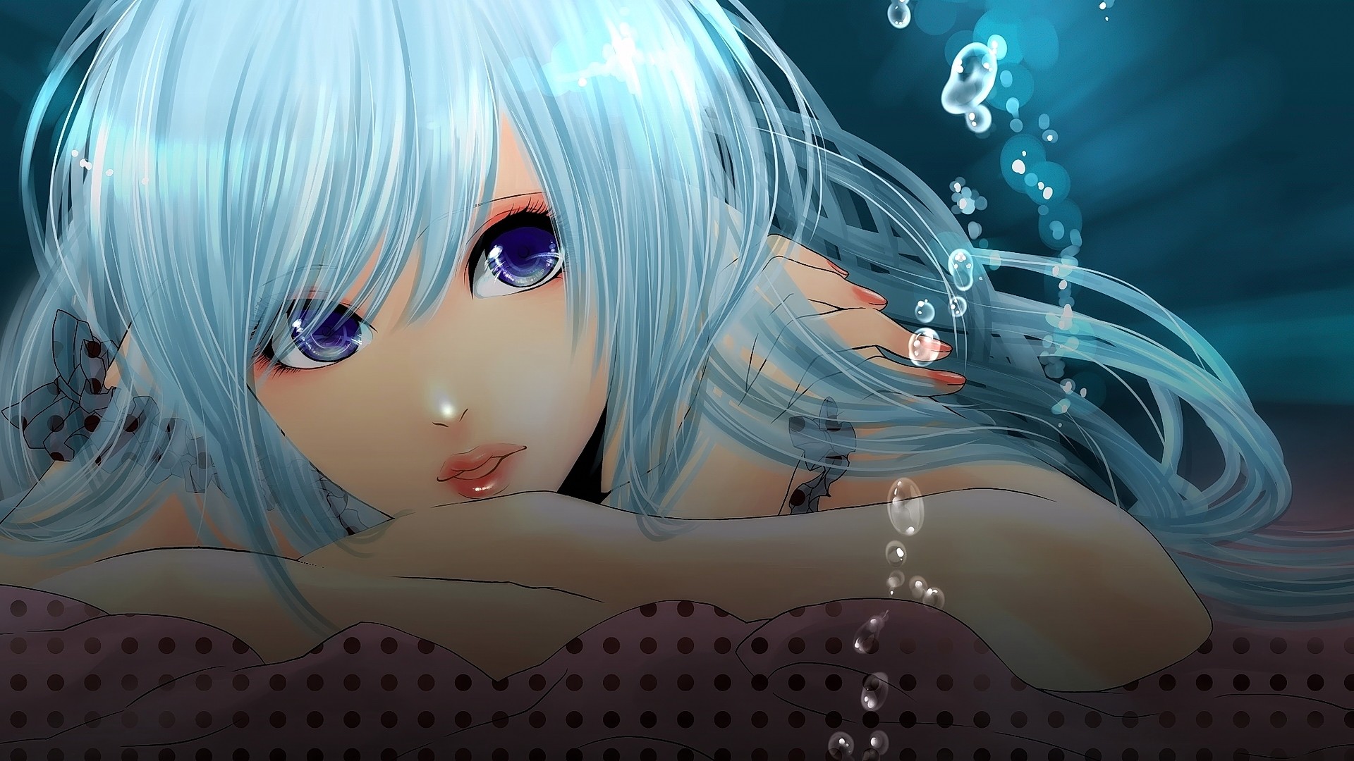 Anime 1920x1080 anime anime girls Vocaloid Hatsune Miku lying on front cyan hair long hair purple eyes face closeup underwater looking at viewer
