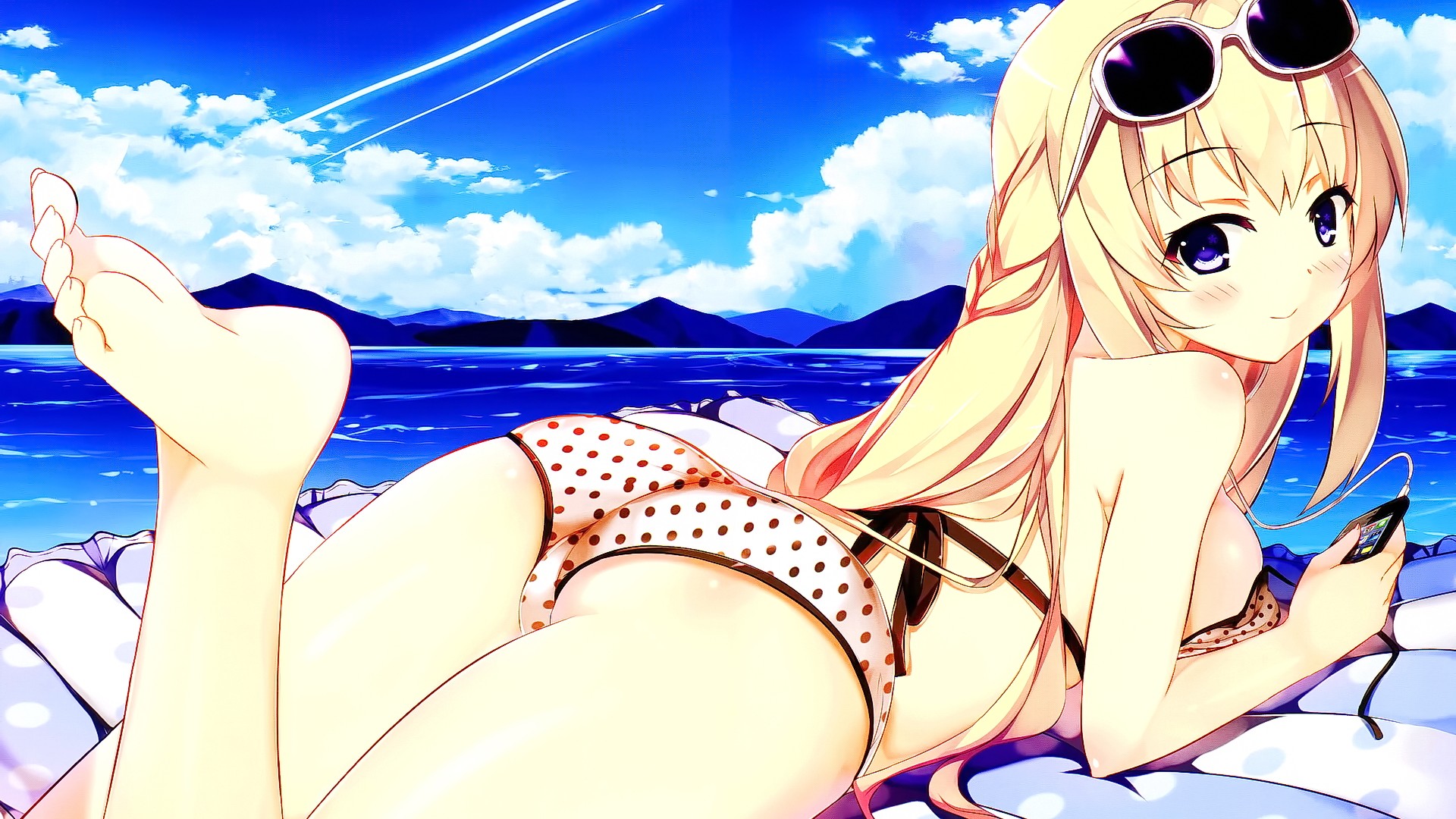 Anime 1920x1080 anime anime girls Hyperdimension Neptunia Vert (Hyperdimension Neptunia) bikini beach ass glasses purple eyes blonde long hair smiling sky clouds mountains water sunglasses looking at viewer feet lying on front Kaho Okashii women with shades women outdoors barefoot