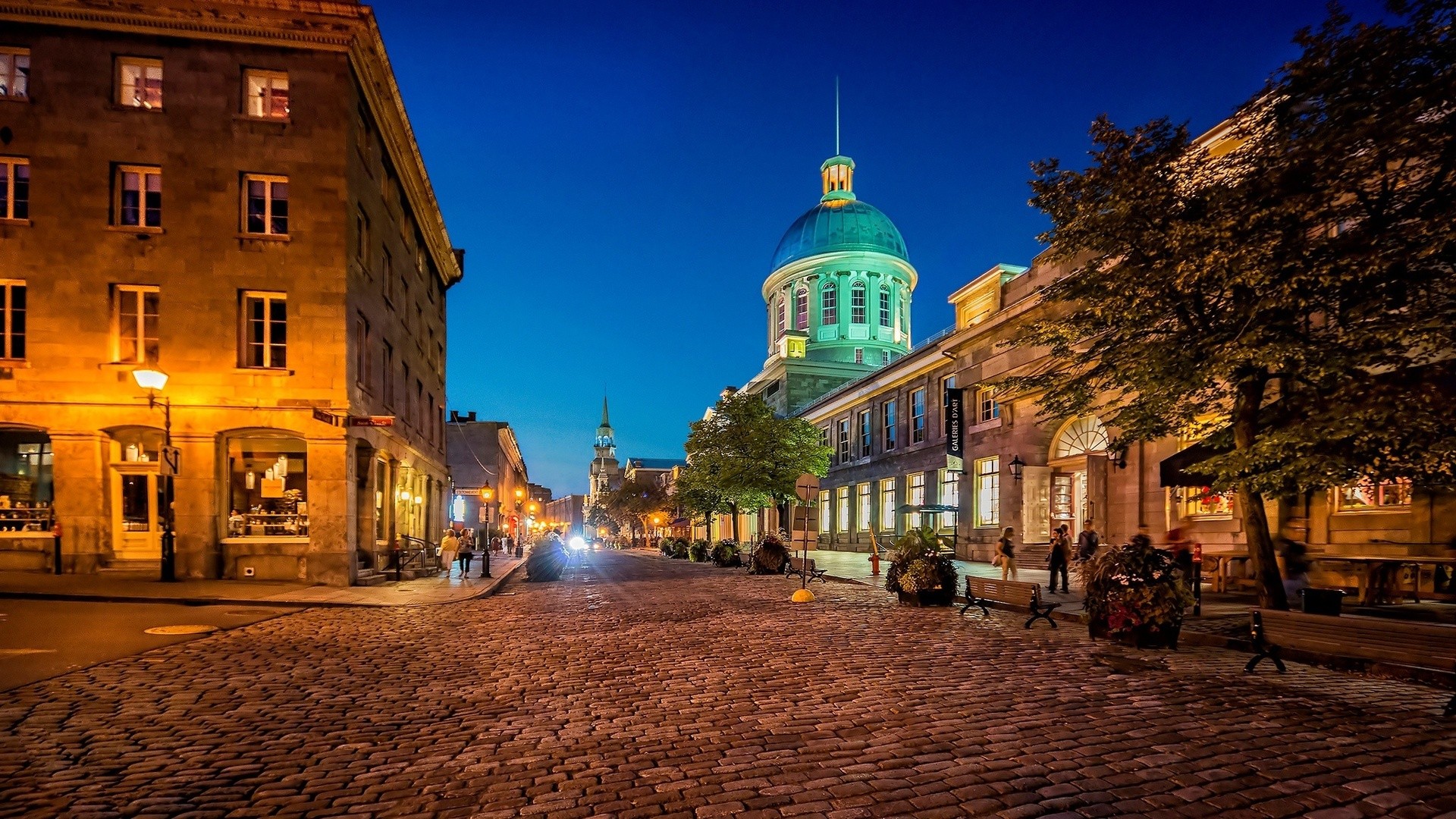 General 1920x1080 city cityscape architecture street night lights street light old building tower Montreal Quebec Canada trees people church dome long exposure bench pavements evening calm