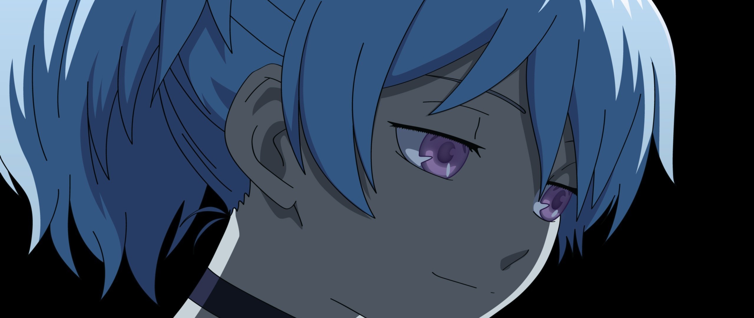 Anime 2560x1080 Darker than Black Yin anime anime girls purple eyes blue hair face closeup black background