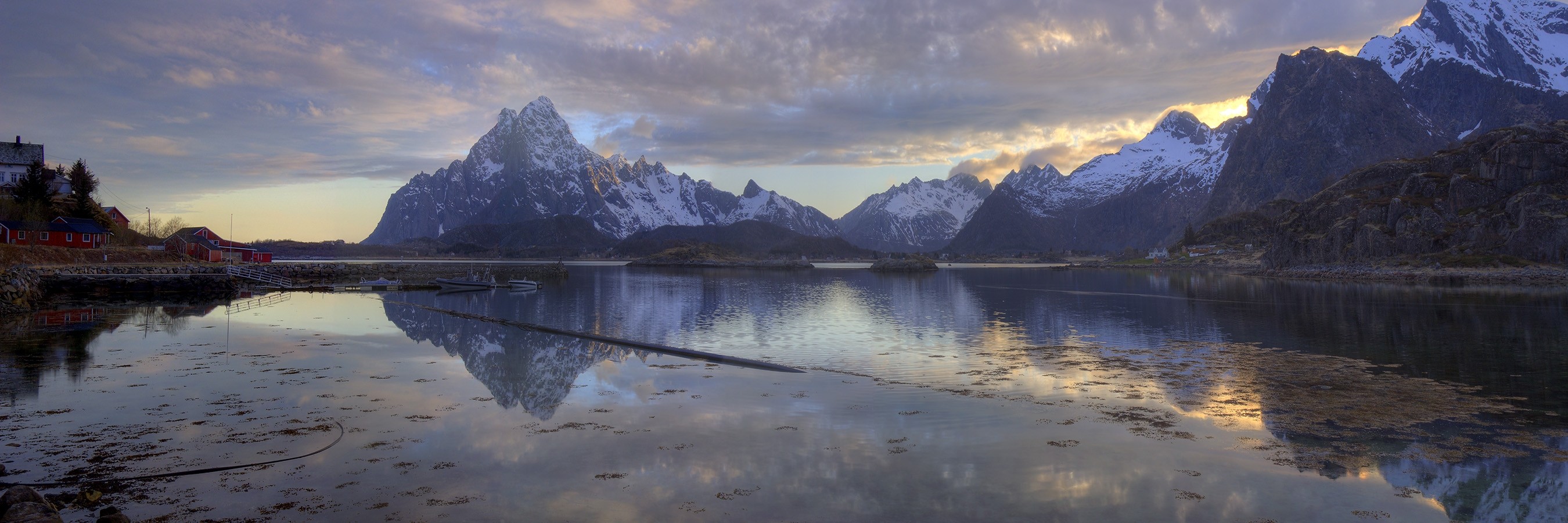 General 2700x900 landscape nature photography panorama mountains fjord clouds morning sunlight snowy peak Lofoten Norway reflection nordic landscapes